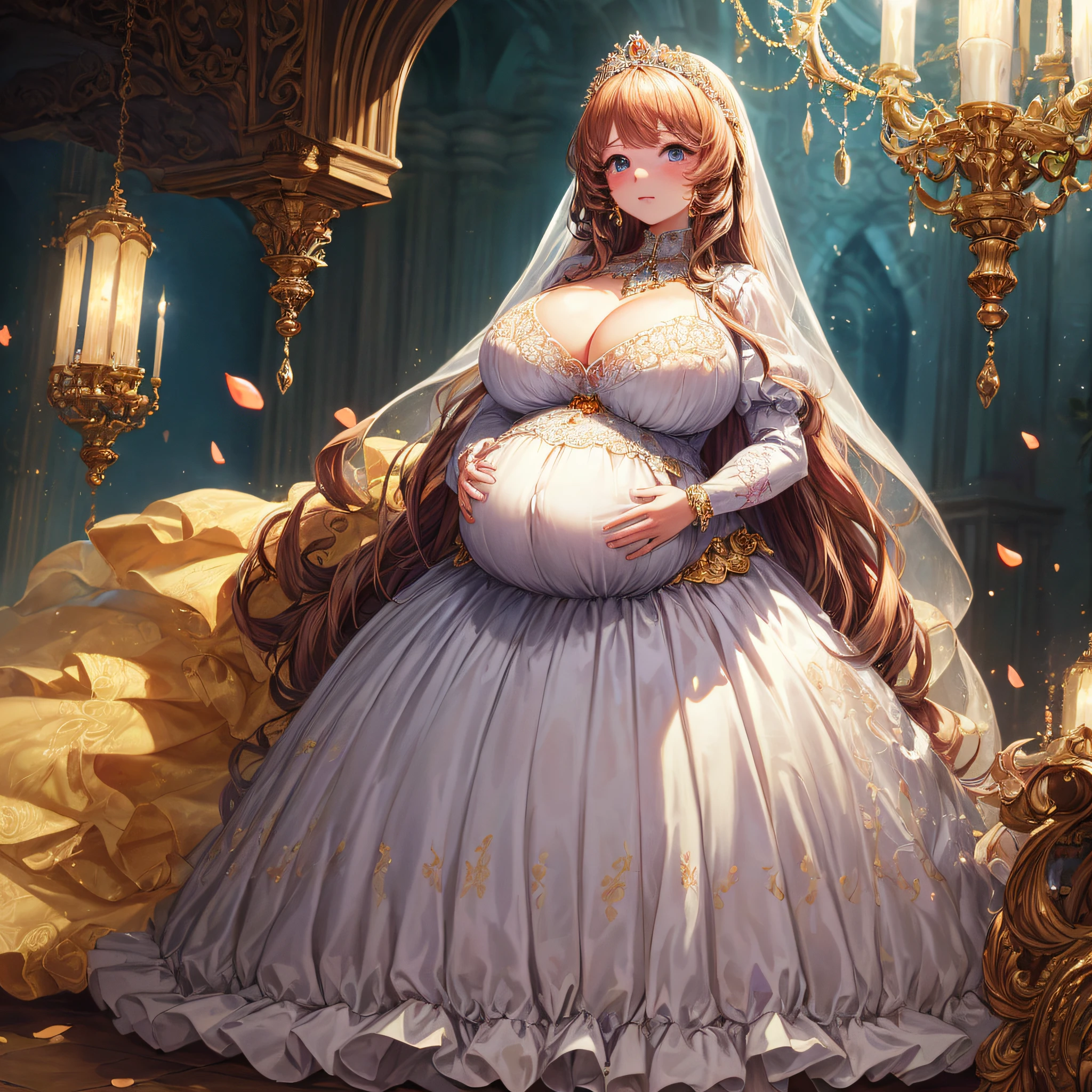 (masterpiece, best quality,extremely detailed:1.1),(moe anime art style:1.2),1girl,((full body,focus face)),((solo)), cute, kawaii,digital art,((1 bling-bling pregnant princess wearing beautiful embroidery and jeweled gorgeous rococo ballgown with jeweled voluminous full length hoop skirt)),(((heavily pregnant))),very big pregnant belly,((crinoline)),long train,voluminous frills,See-through,(gorgeous embroidery and beautiful lace),((very gigantic boobs,skindentation)),cleavage,shiny hair,(((very long hair,very long straight hair))),((embarrassed)),anguish,((finely detailed face and eyes)),clear pupil,extremely gorgeousfull hair ornament,(bling-bling jeweled extremely gorgeousfull tiara),(bling-bling gorgeous gemstone jewelry),long veil,(beautiful background),fantasy background,flowers,flower petals flowing,full body,((beautiful embroidery and jeweled ruffled gorgeous rococo ballgown with voluminous full length hoop skirt))