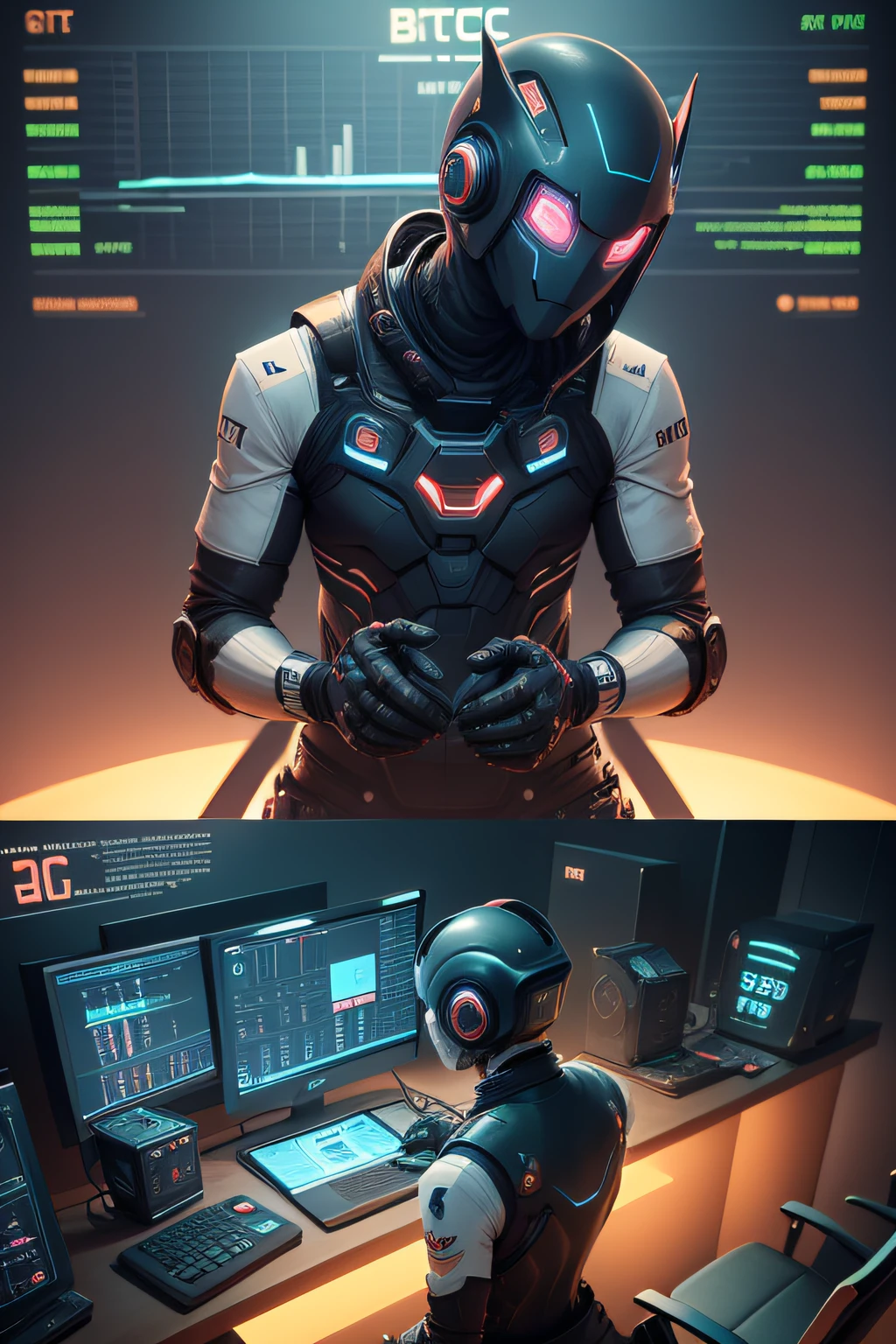 Trading graphics with btc in futuristic view and trading robot