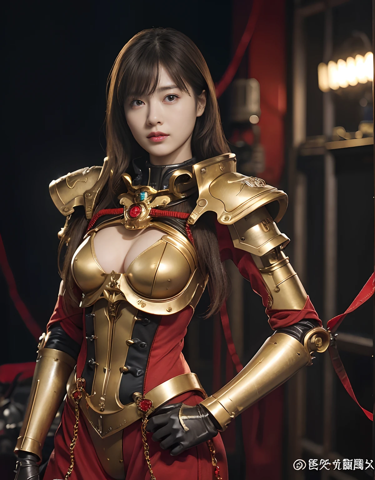 (1 Mechanical Girl)、top-quality、​masterpiece、超A high resolution、(Photorealsitic:1.4)、Raw photo、女の子1人、Golden hair、glowy skin、(((1 Mechanical Girl)))、With a beautiful knife、（Gold Metal Bodysuit）、(desert background)、(Small LED)、((super realistic details))、portlate、globalillumination、Shadow、octan render、8K、ultrasharp、Colossal tits、Raw skin is exposed in cleavage、metals、Details of complex ornaments、Japan details、highly intricate detail、Realistic light、CGSoation Trends、Red Eyes、radiant eyes、Facing the camera、neon details、(Mechanical limbs)、(blood vessels connected to tubes)、Mechanical vertebrae attached to the back、mechanical cervical attaching to neck、(Wires and cables connecting to the head)、Gundam、Small LED、,Mechanical thighs、Toostock、