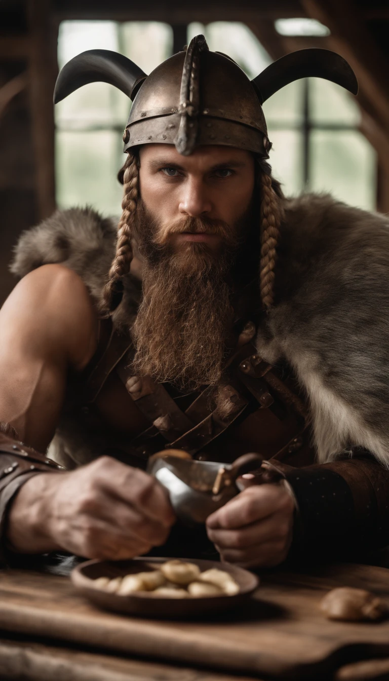 a viking man with armor and helmet, sitting at the table, eating, with food on a cutting board, viking style, norwegian man, technoviking male with no shirt, viking culture, norse warrior, germanic, portrait of a viking, viking warrior, with axe, norse god, viking beard, viking berserker, wearing viking clothes, viking king, picture of an adult male warrior,