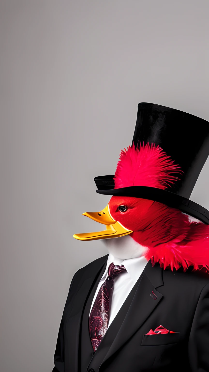 scenecy: fundo vermelho. Duck head wearing suit is top hat. Olhando para baixo. Foto retrato meio que o perfil esquerdo.