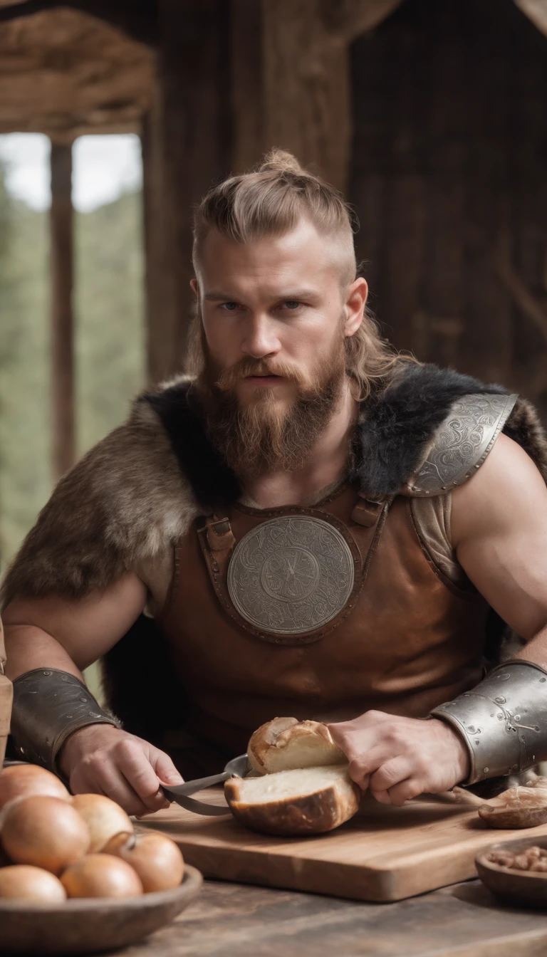 a viking man with armor and helmet, sitting at the table, eating, with food on a cutting board, viking style, norwegian man, technoviking male with no shirt, viking culture, norse warrior, germanic, portrait of a viking, viking warrior, with axe, norse god, viking beard, viking berserker, wearing viking clothes, viking king, picture of an adult male warrior,