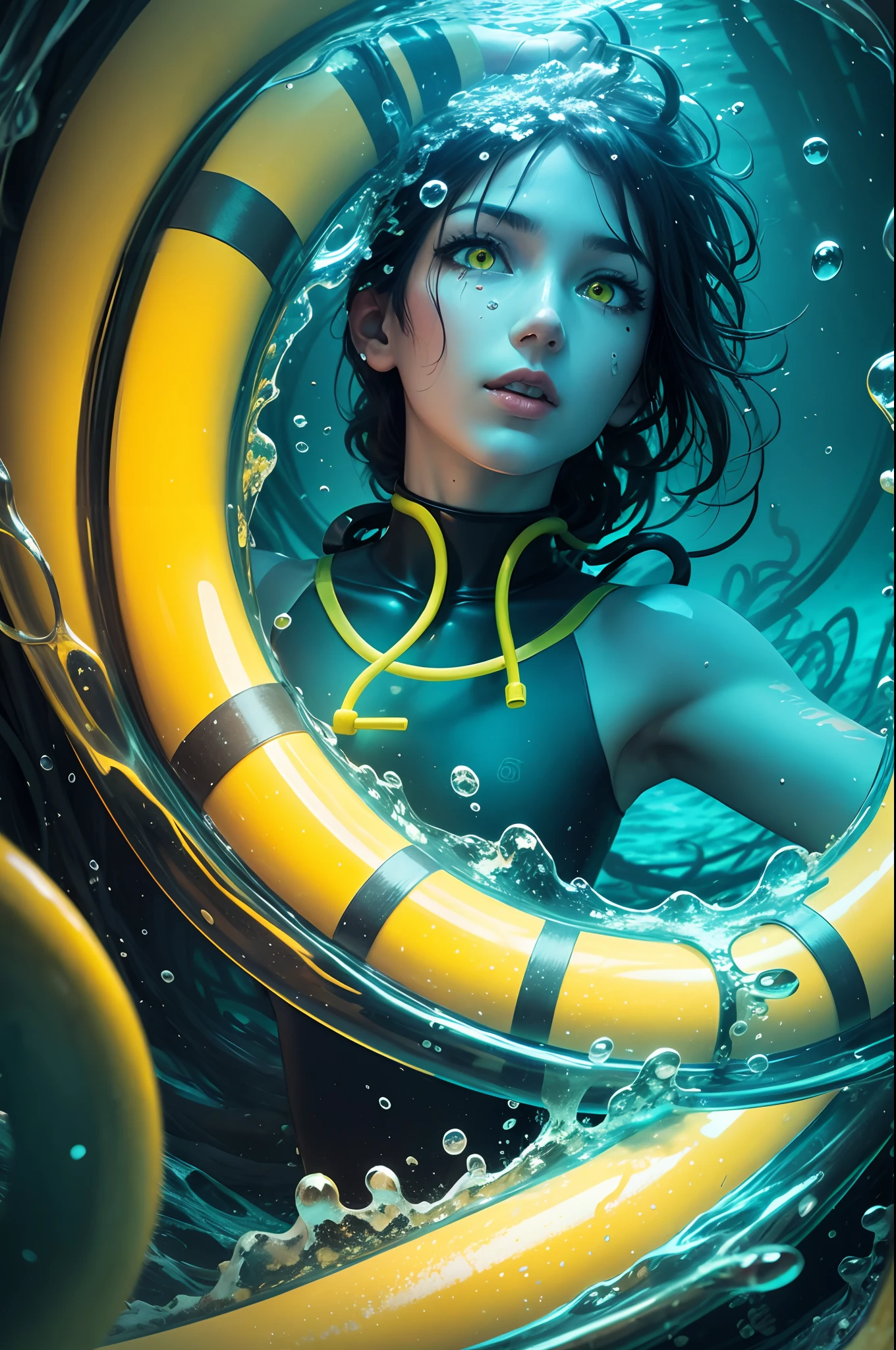 underwater, drowning diver, tentacle, in the distance neon yellow eyes