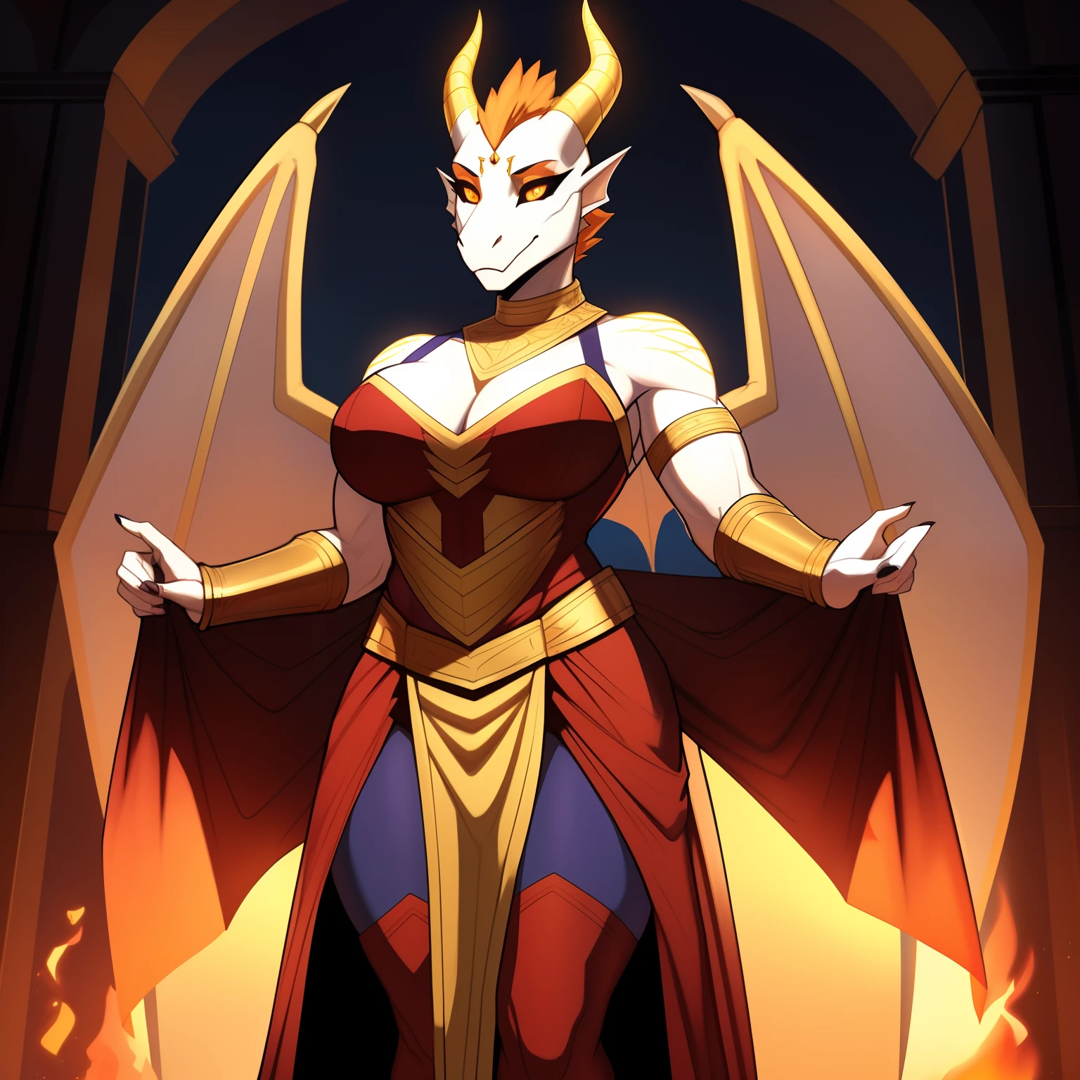 muscular_mature_dragon female flaming_orange_hair gold_scales white_scaled_body purple_iris tail_ridges gold_spikes gold_horns black_sclera slit_pupils solo Masterpiece best_quality absurdres highly_detailed gown_with_gold_trim gold_circlet gold_gorget gold_bracers cleanly_drawn_eyes flaming_wings orange_eyeshadow anthro_only by_claweddrip, by_greasymojo, by_underscore-b, by_runawaystride