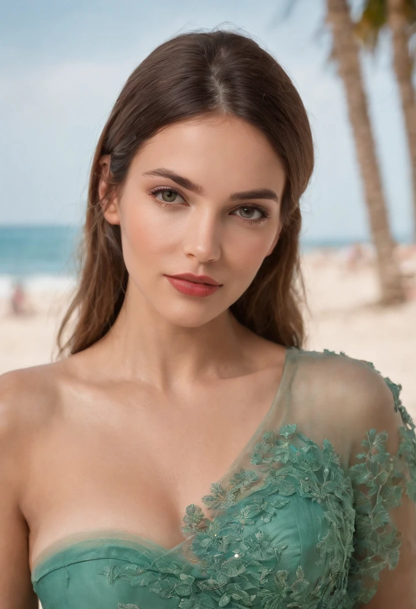 stunning girl, 28 years old, brown tie and dye hair, perfect face, green and brown eyes, european girl, ultra HD, masterpiece, background with beach and palm trees, earwings, classic pink dress, 171 cms, beautiful lips, nice nose, smile, wavy hair, miss universe, realist, top model, middle size photo, normal
