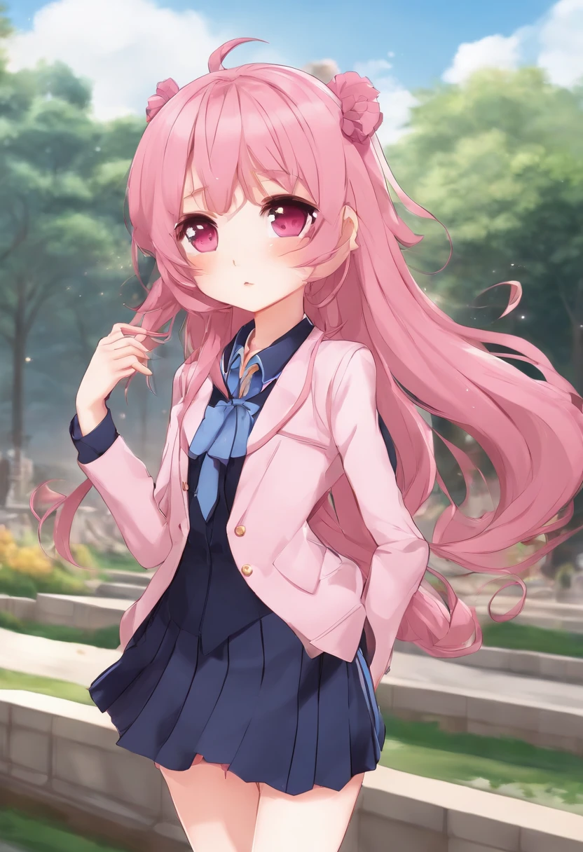 Very cute (Beautiful Chibi Anime Girl), Solo, Simple background, Beautiful twin tails *Pink* hair, Beautiful detailed *Dark blue blazer, Pink skirt* High School Uniform, Full body, Standing , high detailed face and *Pink* Eyes, the contours are clear