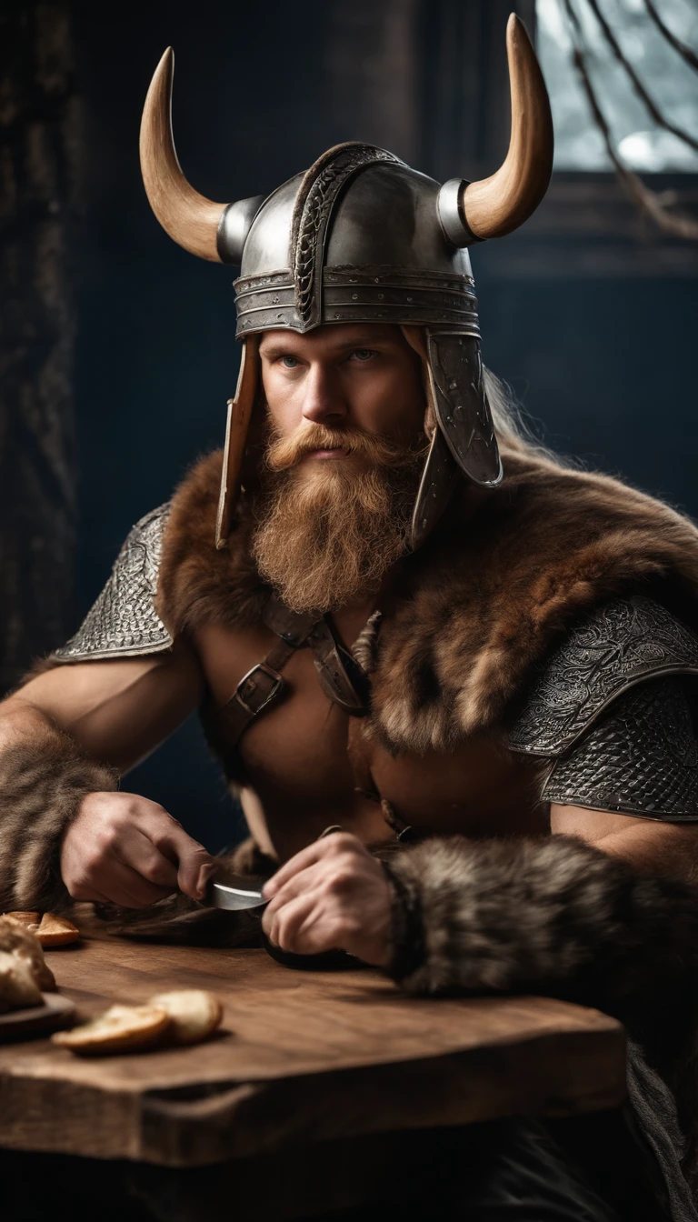 a viking man with armor and helmet, sitting at the table, eating, with food on a cutting board, viking style, norwegian man, technoviking male with no shirt, viking culture, norse warrior, germanic, portrait of a viking, viking warrior, with axe, norse god, viking beard, viking berserker, wearing viking clothes, viking king, picture of an adult male warrior,