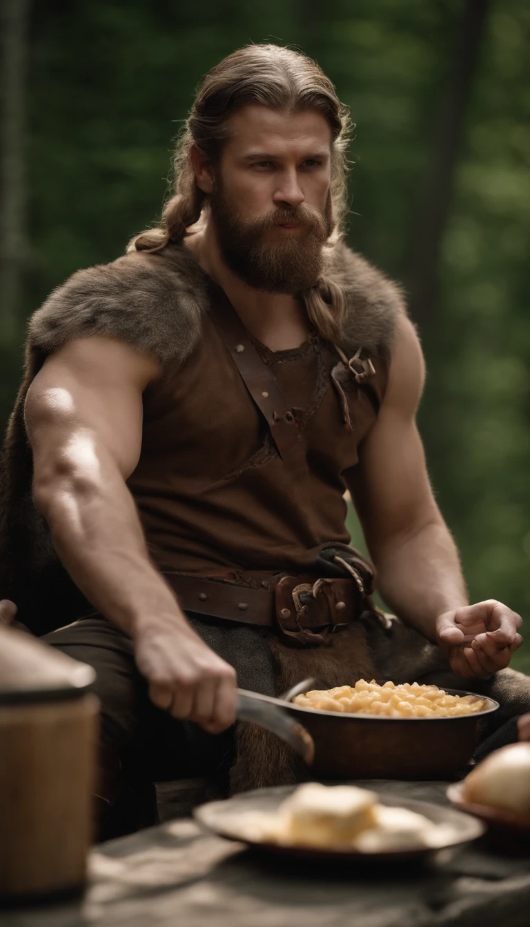 a viking man with armor and helmet, sitting at the table, eating, with food on a cutting board,  viking style,  norwegian man,  technoviking male with no shirt,  viking culture,  norse warrior,  germanic,  portrait of a viking,  viking warrior,  with axe,  norse god,  viking beard,  viking berserker,  wearing viking clothes,  viking king,  picture of an adult male warrior,