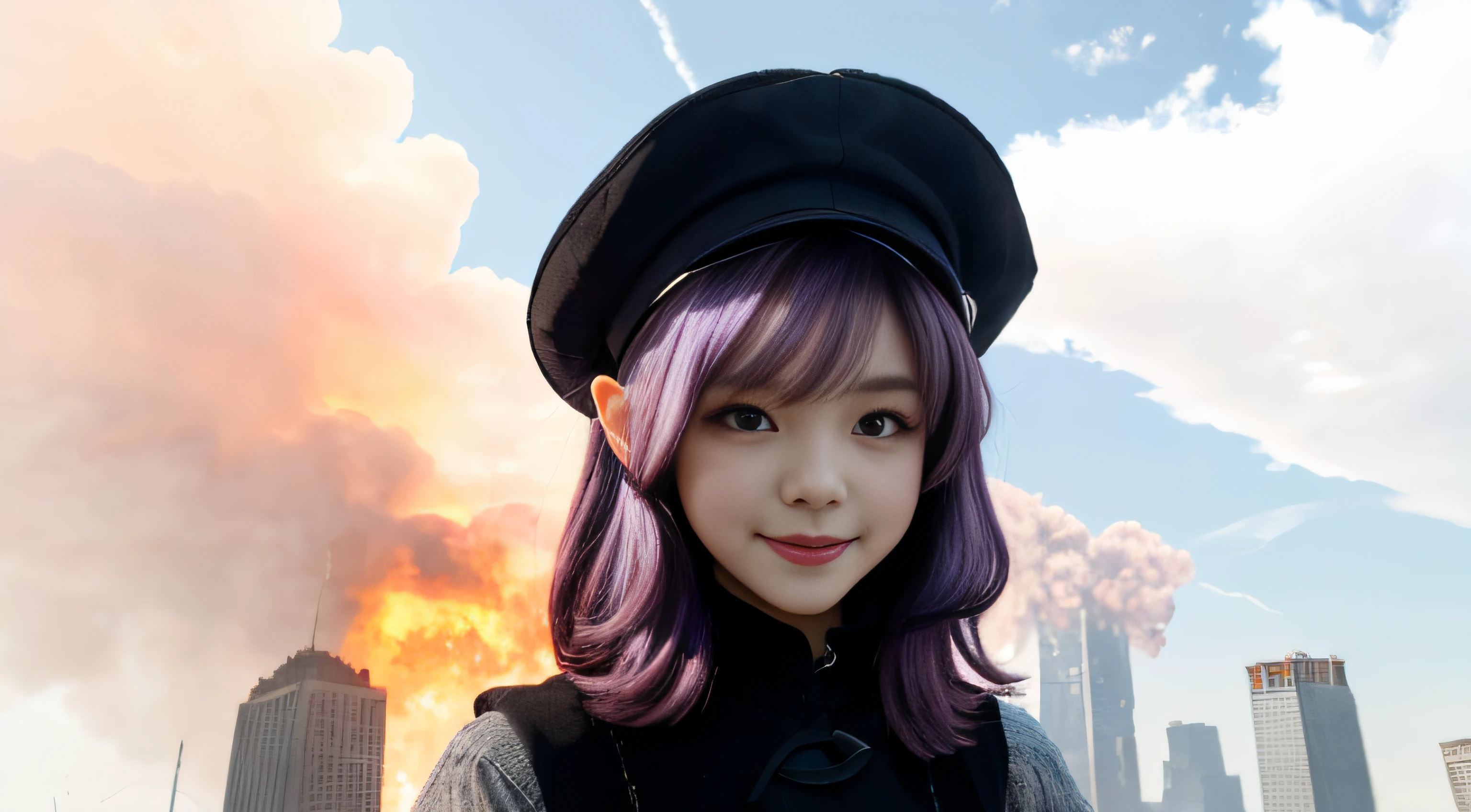 (best quality,4k,8k,highres,masterpiece:1.2),ultra-detailed,(realistic,photorealistic,photo-realistic:1.37),smug lalafell,purple hair,lalafell wearing a backwards cap,lalafell with a mischievous smile,eccentric lalafell,sly expression,lalafell in a confident pose,lalafell holding a small gadget,cityscape engulfed in flames,dramatic burning buildings,ominous smoke billowing,ruined skyscrapers,a sense of destruction and chaos,orange and red hues lighting up the sky,dynamic and intense lighting effects,cracked roads and crumbling infrastructure,emerging sparks,ash and debris floating in the air,faint silhouettes in the distance,hint of despair and survival against the odds,contrasting purple tones accentuating the lalafell's presence,attention to fine details in facial features and clothing,streets filled with abandoned vehicles,reflection of flames in the lalafell's eyes.