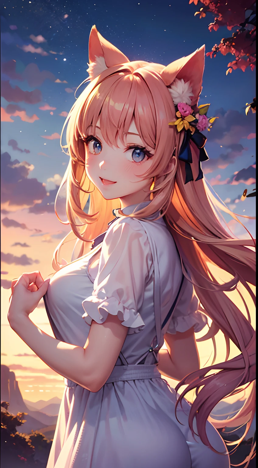 girl wearing see-through sundress,master piece,best quality,ultra-detailed,(upper body:1.4),blunt bangs,medium hair,(sunbeam:1.2),(warm-smile:1.3),pale-blonde hair,petals,(smiling at view:1.3),(from above:1.8),wavy hair,magnificent panorama view,in the field of flowers,translucent
