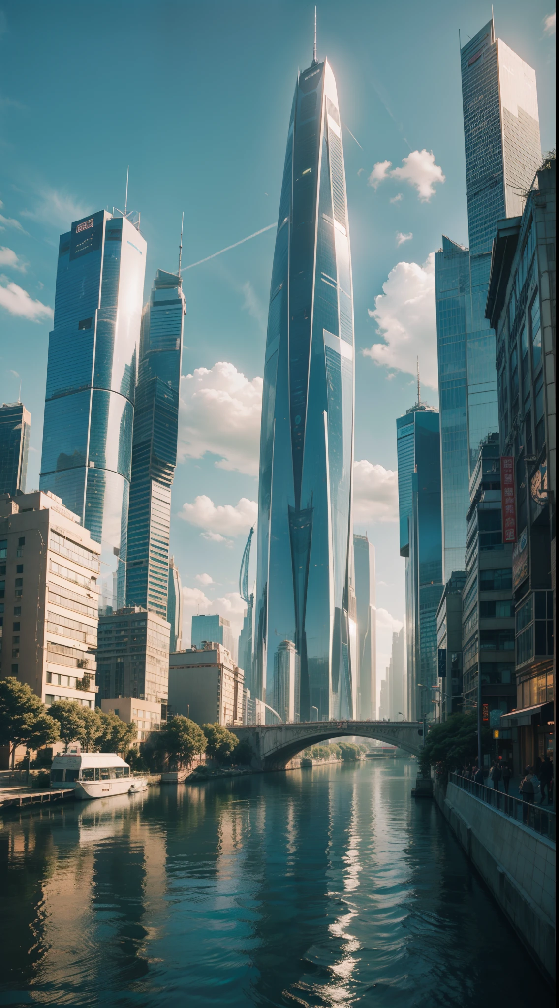 arafed view of a city with a bridge and a river, landscape of a future city, inspired by Cheng Jiasui, beeple rendering, city of the future, with (tall smooth white organic-looking skyscrapers), beautiful city of the future, skyscrapers with greenery,