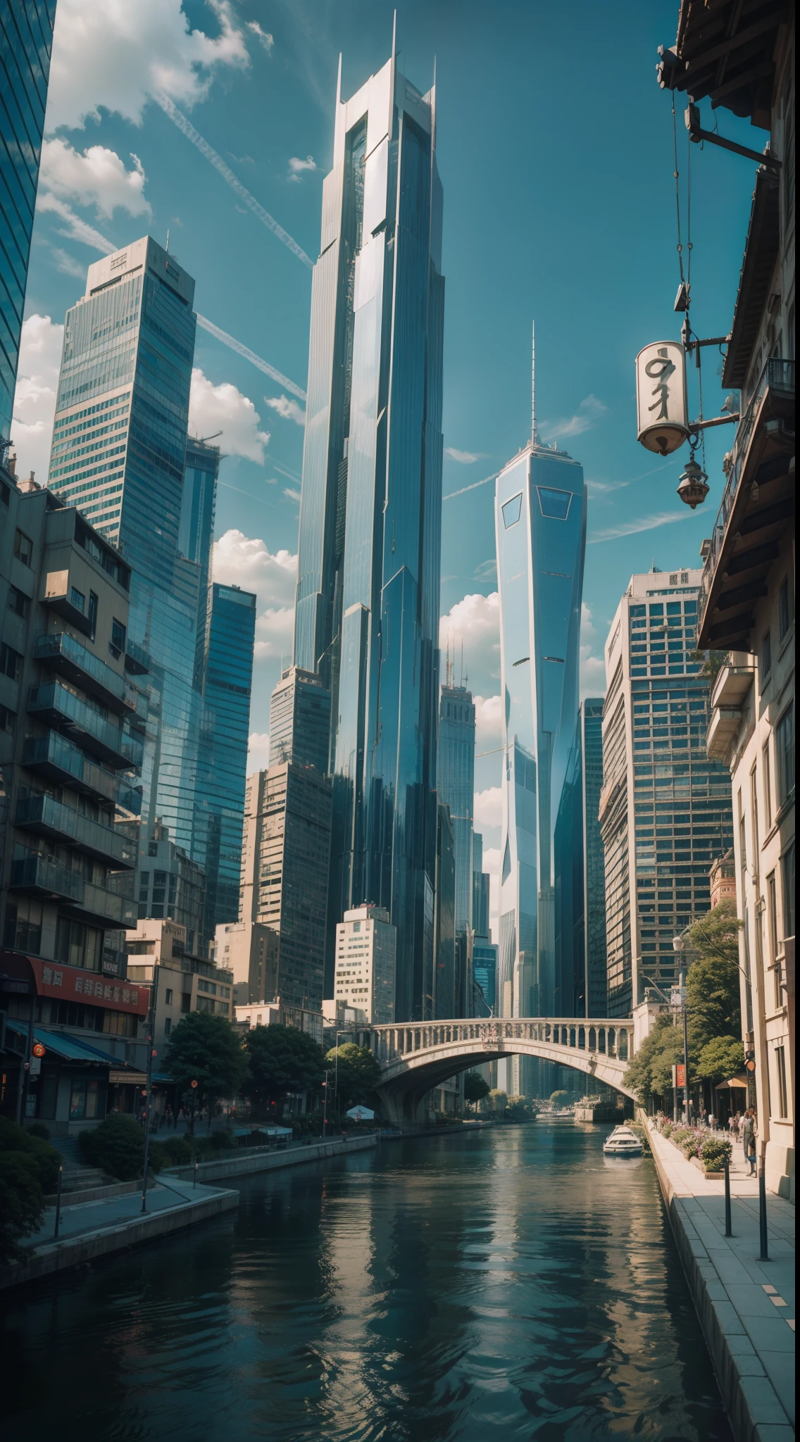 arafed view of a city with a bridge and a river, landscape of a future city, inspired by Cheng Jiasui, beeple rendering, city of the future, with (tall smooth white organic-looking skyscrapers), beautiful city of the future, skyscrapers with greenery,