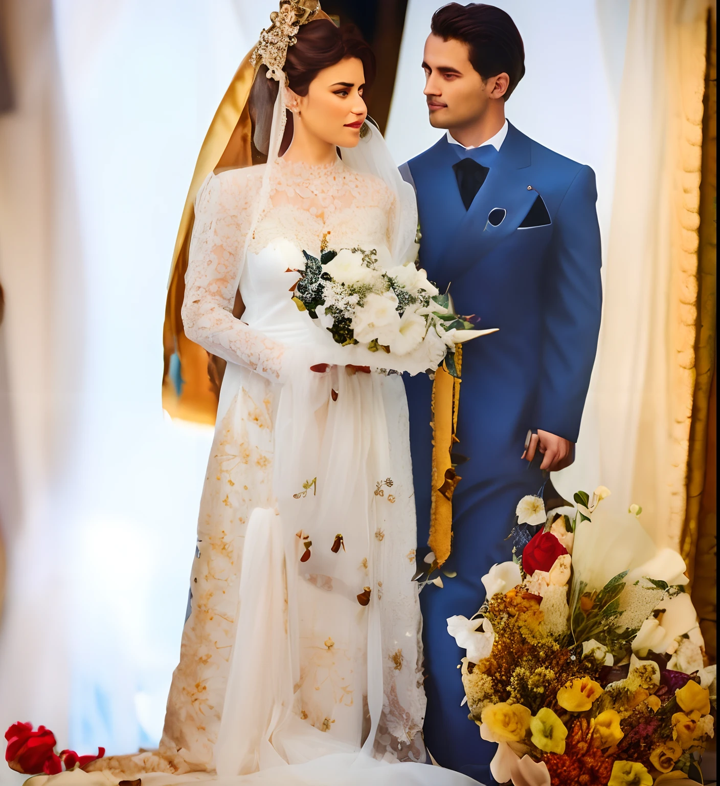 Fotografia de casamento, mulher com vertido de noiva, homem com roupa elegante de novo, with flowers around in the decoration, fotografia profissional, detalhada, realista, 8k, cinematografic, Canon 50mm 1.4, fotografia raw, cores vibrantes