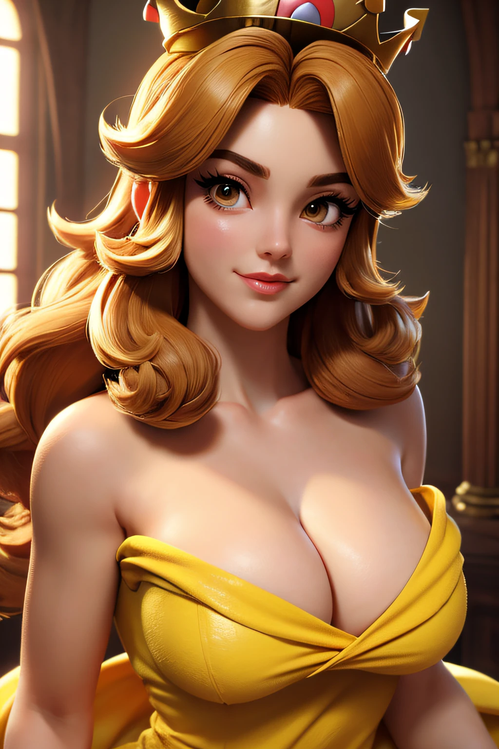 Close-up of a woman, Daisy from Mario Bros, half, crown, cleavage, in a castle, medium breasts, 4K Quality, dressed in a yellow towel