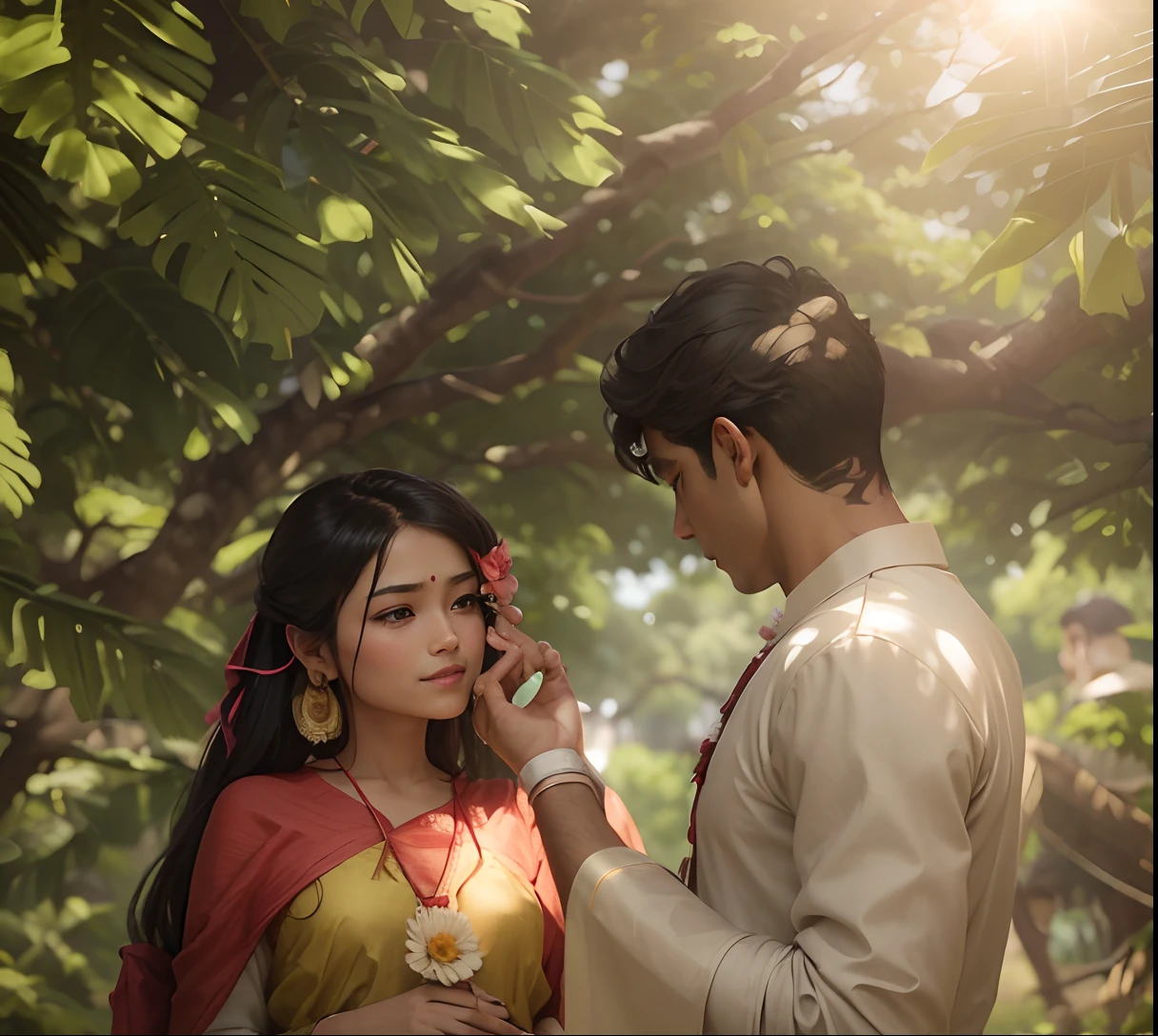 there is a man and cute woman standing under a tree with a flower, assamese aesthetic, wearing bihu dress mekhela sador, lovely couple, photo taken with canon 5d, couple pose, photoshoot, shot with canon eoa 6 d mark ii, candid photography, real dlsr photography, with lovely look, photo taken with nikon d 7 5 0