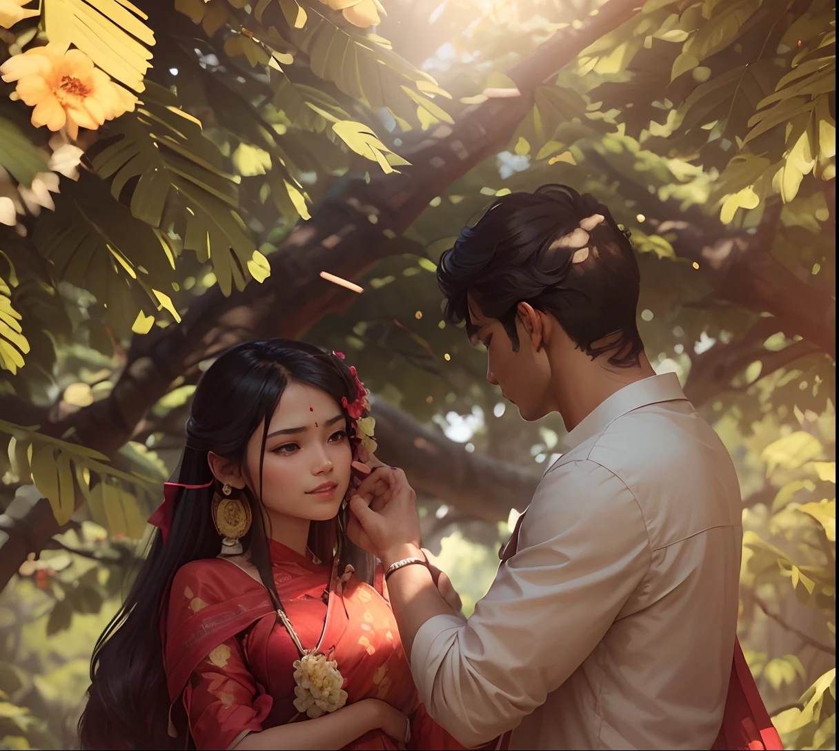 there is a man and cute woman standing under a tree with a flower, assamese aesthetic, wearing bihu dress mekhela sador, lovely couple, photo taken with canon 5d, couple pose, photoshoot, shot with canon eoa 6 d mark ii, candid photography, real dlsr photography, with lovely look, photo taken with nikon d 7 5 0