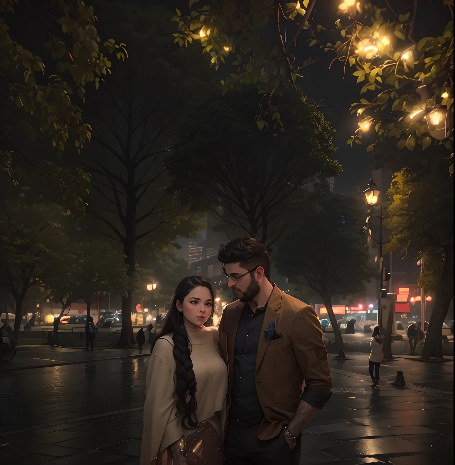 they are standing in a park at night with a crowd of people, in city street, at night time, candid picture, lovely couple, street pic, on a street, at a city street, at night, taken in the night, in a street, at nighttime, at evening during rain, in city street at night, in a city square