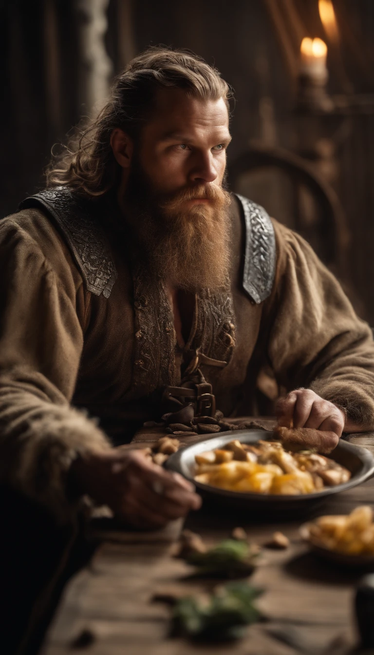 viking man at table, eating, 8K