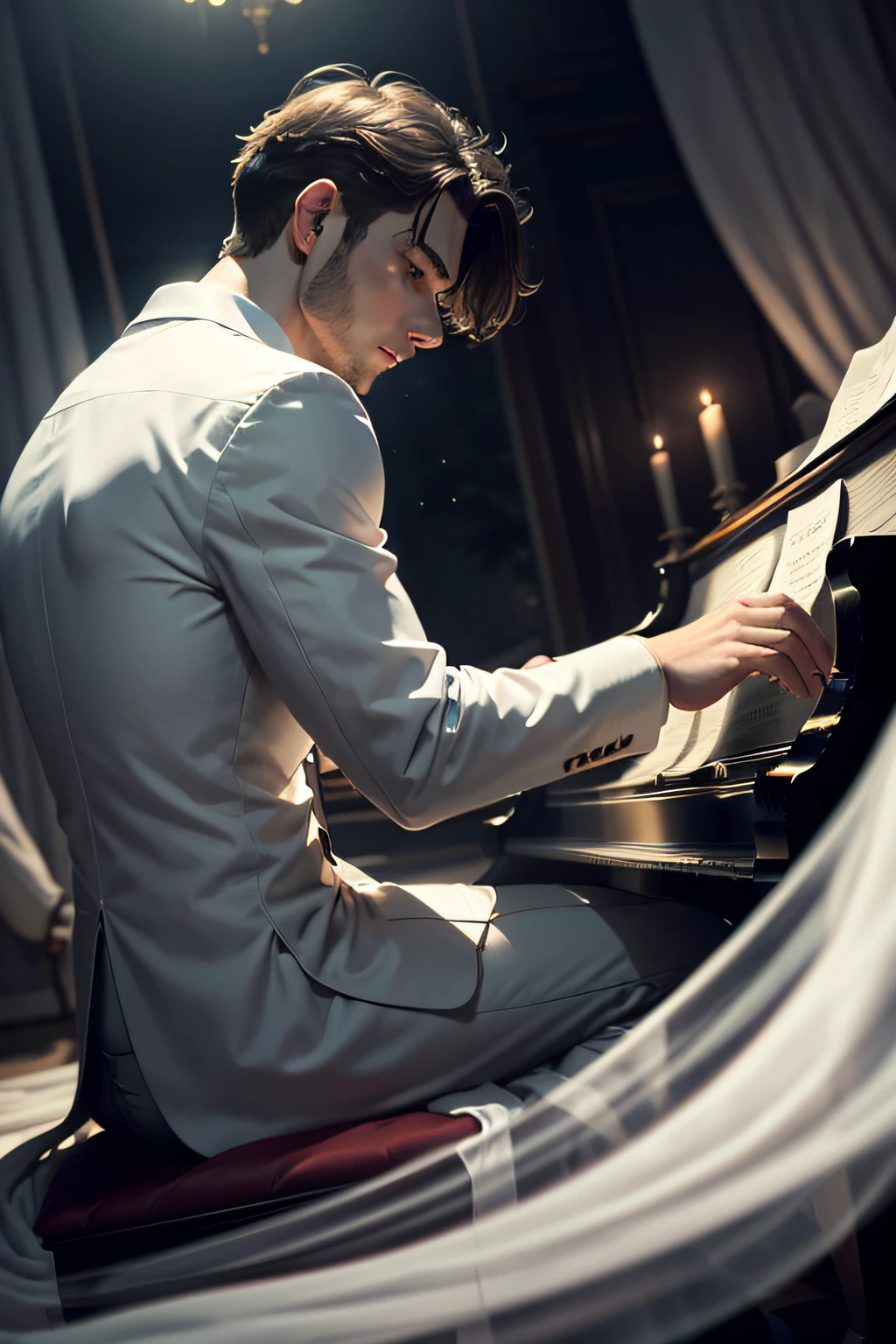 photography art, blurred image, man sitting playing the grand piano, side view of the scene, dark room, dim lit room, white flowing curtains, sound of music fills in the air, whimsical, beautiful scene, shadows in the background, peaceful environment, ghostly environment, dark and royal aesthetic, motion photography, handsome man with sharp features, good posture, haunting music filling the air