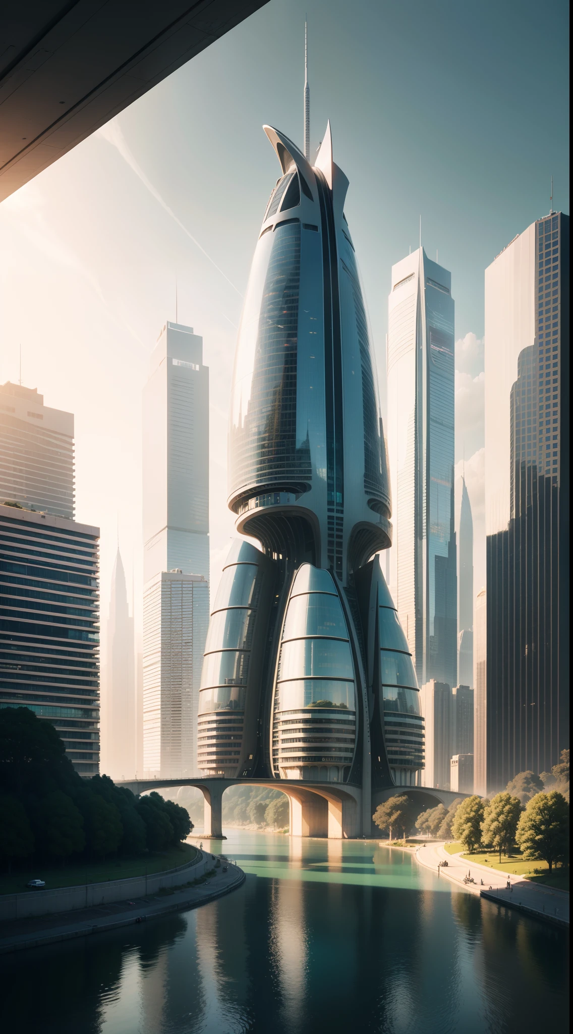 arafed view of a city with a bridge and a river, landscape of a future city, beeple rendering, city of the future, with tall smooth white ovoid skyscrapers, beautiful city of the future, skyscrapers with greenery