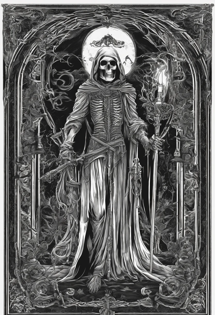 Death tarot card, infused with a gothic aesthetic and blackwork-style art. The card should predominantly feature black, white, and gold colors. The central focus is the personification of Death, depicted as a cloaked figure with a skeletal face, carrying a scythe. Behind Death, there is a coin with the inscription 'Memento Mori,' symbolizing the reminder of mortality. The figure exudes a sense of mystery and power. The background should incorporate intricate gothic patterns and ornate details, reminiscent of cathedrals or ancient manuscripts. The card's borders should be adorned with gold accents and filigree designs. The image should capture the transformative symbolism of the Death tarot card while embracing the dark, gothic aesthetic and intricate blackwork-style linework --auto --s2