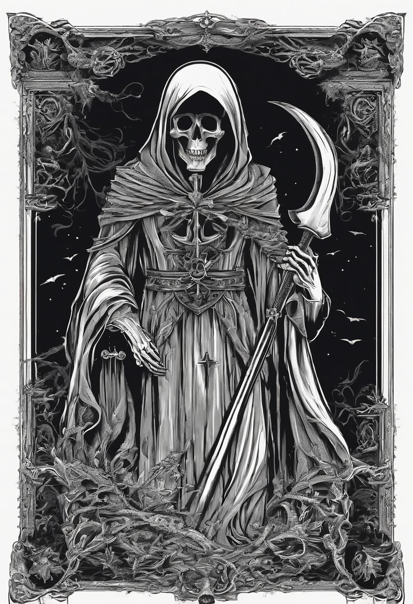 tarot cards,Grim Reaper with a scythe,Nordic style,church background,8k,high qualiy,work of art,Ultrathin