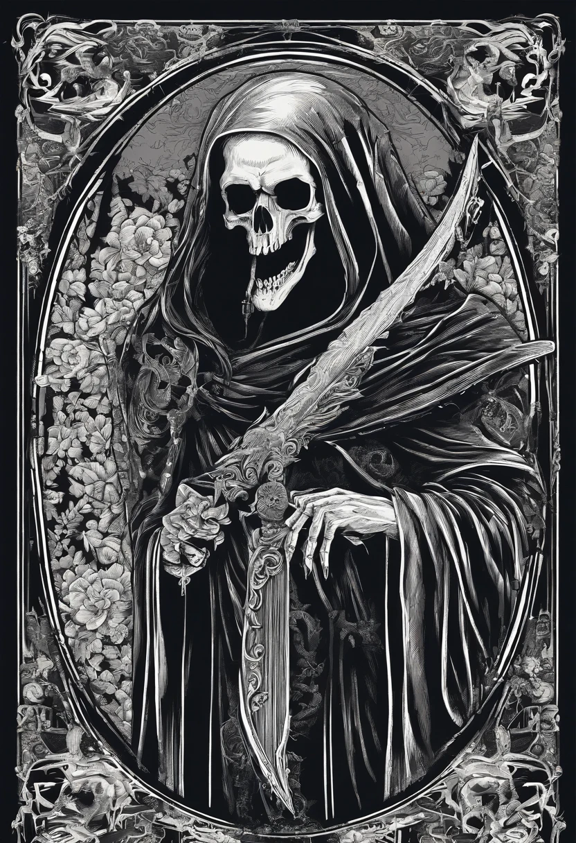 Death Image Vector Print T-Shirt with a Sickle in His Hand Dark Style, imagem de estilo de arte desenhada, Imagem com fundo branco, imagem em tons de preto e branco