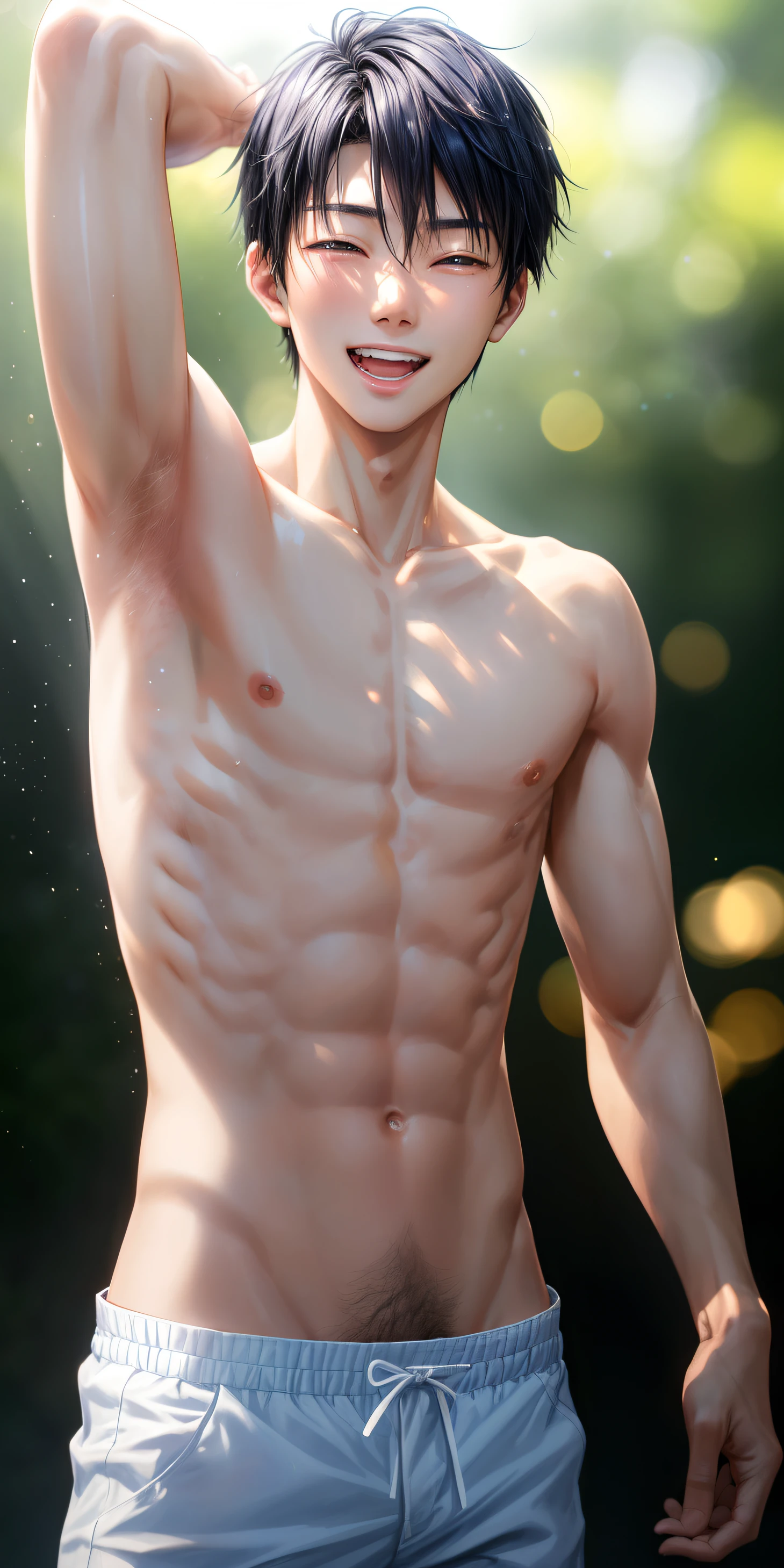 realisticlying, 18-year-old boy, boy,japanese boy, , Teen boy,py laugh,shirtless, bare chest, slim body, skinny body, armpits with thin hair, (showing armpit:1.4), Smooth skin,Elaborate Eyes, ( bokeh, Out of Focus, Soft Lighting, movie lighting, God Ray, UHD)
