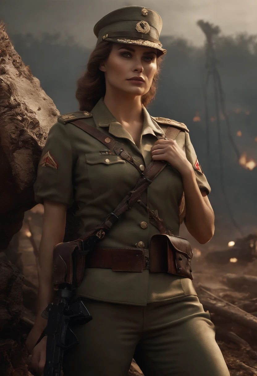 a young woman in full military uniform standing on a rocky background with firefighter makeup, in the style of light indigo and orange, wollensak 127mm f/4.7 ektar, androgynous, nacho carbonell, luminous shadows, dark blue and pink, unreal engine 5