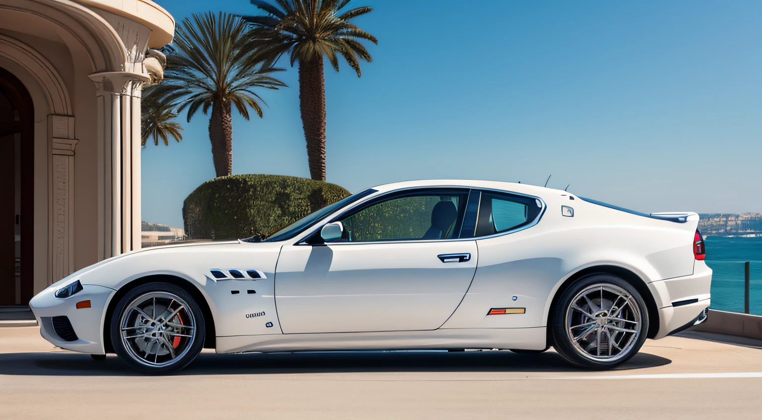 a white Maserati MC20 [at high speed, smoke from rear tires: 0.5], city of Monte Carlo