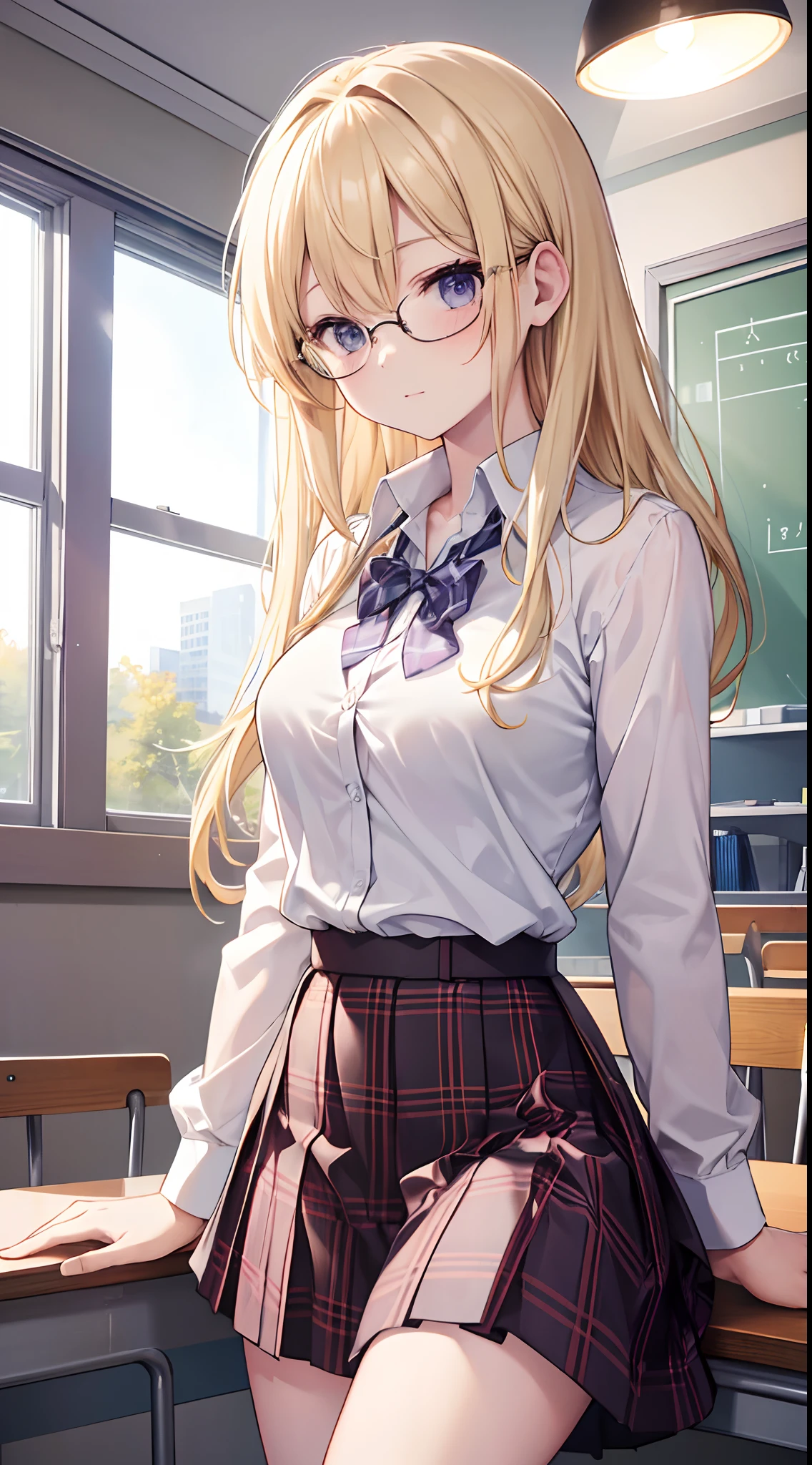 masterpiece, best quality, highres, sa1, blonde hair, glasses, school uniform, white shirt, skirt, plaid skirt, open shirt, bra,