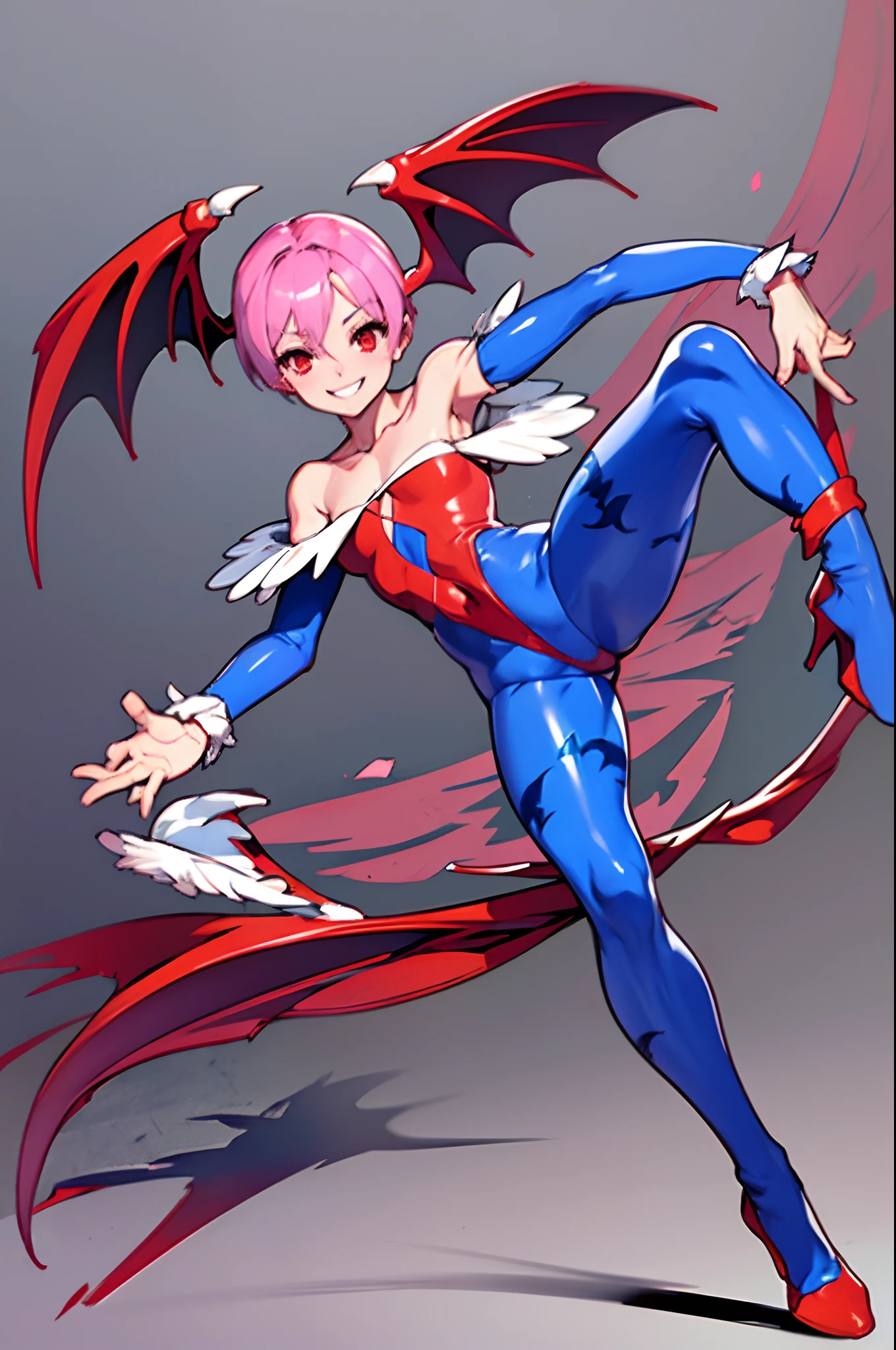 lilith aensland darkstalkers, standing, levitating, wings, pink hair, smiling, demon, leotard,, head wings, flatchest, full body, pantyhose, hornless,feet
