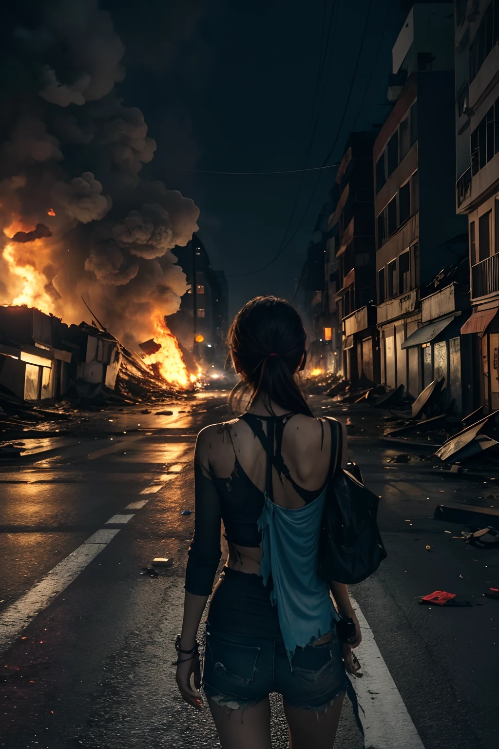 a thin person facing up desperately screaming torn clothes on a road with people shooting and panicked people City destroyed, TVs retorcidas derramando sangue, Flames and general destruction, Darkness in Dark Times