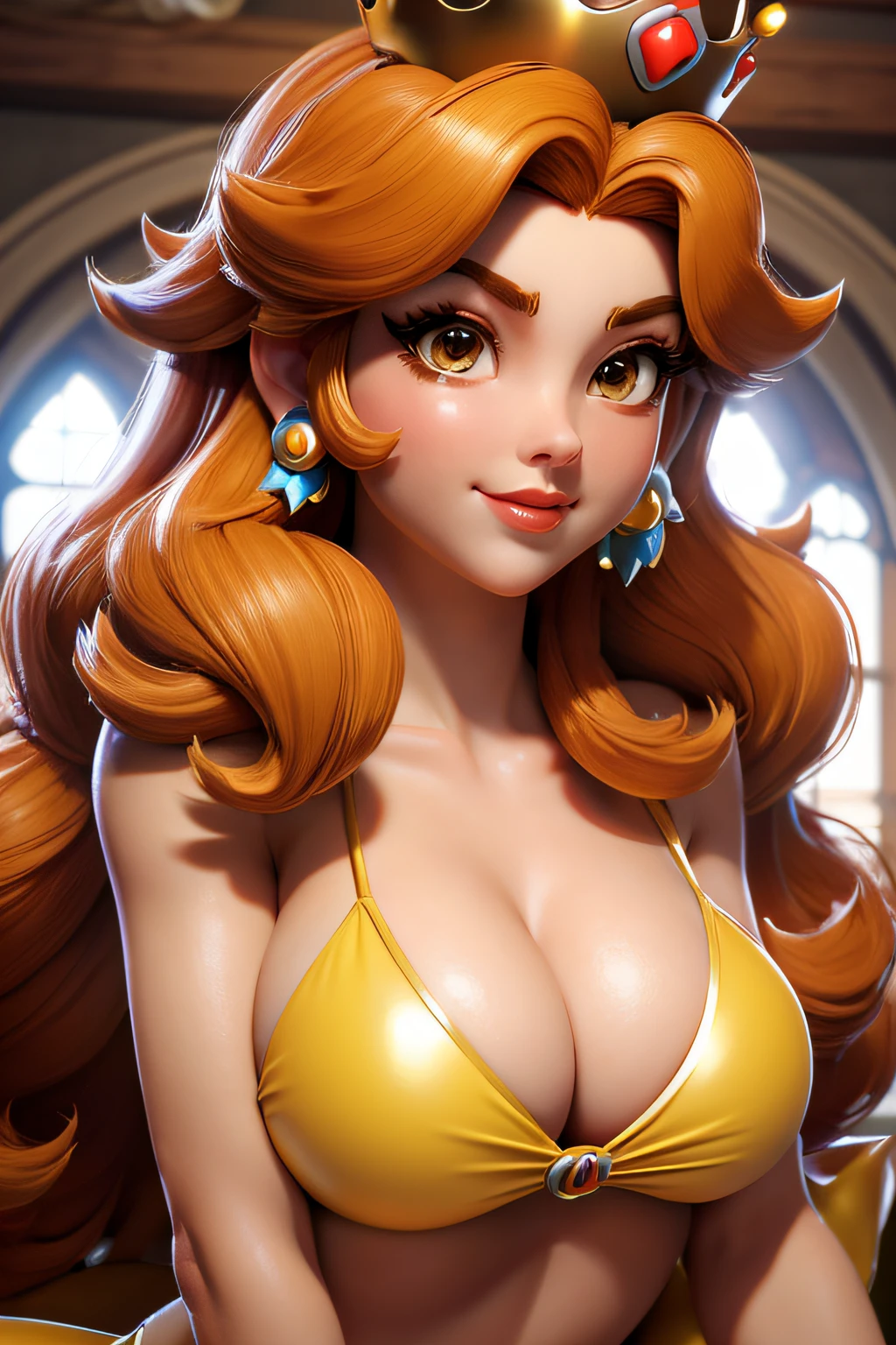 Close-up of a woman, Princess Daisy from Mario Bros, half, crown, cleavage, in a castle, medium breasts, 4K Quality, yellow bikini