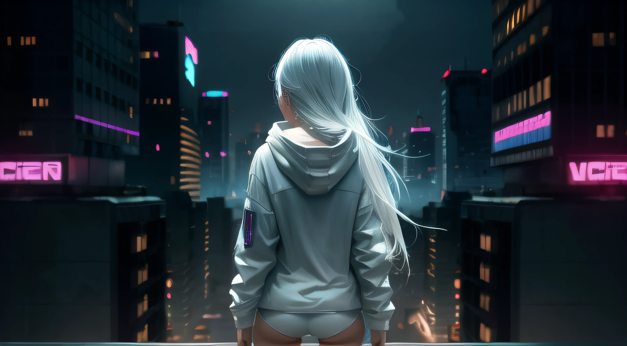 Generate an image depicting a girl seen from behind, standing by the window in her bedroom, gazing out at a cityscape. She is wearing a white short hoodie and white panties. The girl has short white hair. Thigh gap visible. The image has an ambiance that is subtly influenced by the futuristic style. Capture the essence of a futuristic city outside the window, with white and blue neon lights illuminating the urban landscape. Emphasize the contrast between the serenity of the girl in her pajamas and the vibrant, slightly dystopian atmosphere of the cyberpunk-inspired city. Let the image convey a sense of wonder, mystery, and a touch of futuristic aesthetics, high quality, from behind