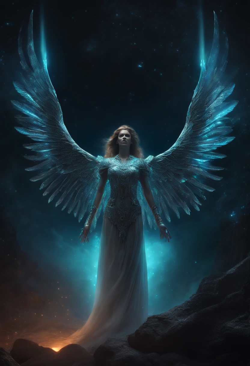 Cosmic Fallen Angel, glowing light eyes, Biomechanical, eerie, Creepy, nightmarish, Very bright colors, Light particles, with light glowing, Mshiff, wallpaper art, UHD wallpaper