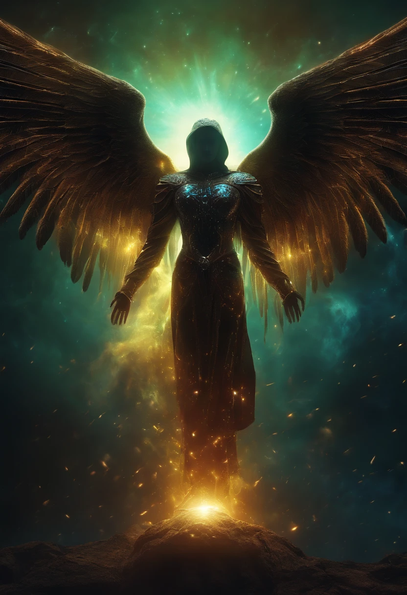 Cosmic Fallen Angel, glowing light eyes, Biomechanical, eerie, Creepy, nightmarish, Very bright colors, Light particles, with light glowing, Mshiff, wallpaper art, UHD wallpaper