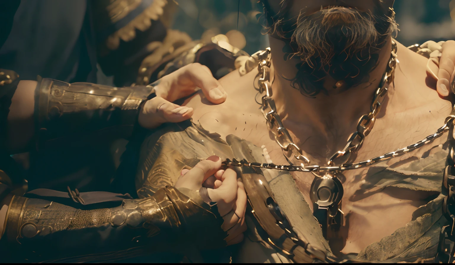 Man with a chain around his neck being held by a man on a chain, detailed cinematic shot, muitas cicatrizes. Cinematic lighting, ainda de um filme de fantasia, estilo fantasia 8 k octane render, detailed cinematic render, the the man is wrapped in chains, cinematic detail, 4K fantasia detalhe, usando armadura de couro com ossos, detailed cinematic photography, cinematic close shot