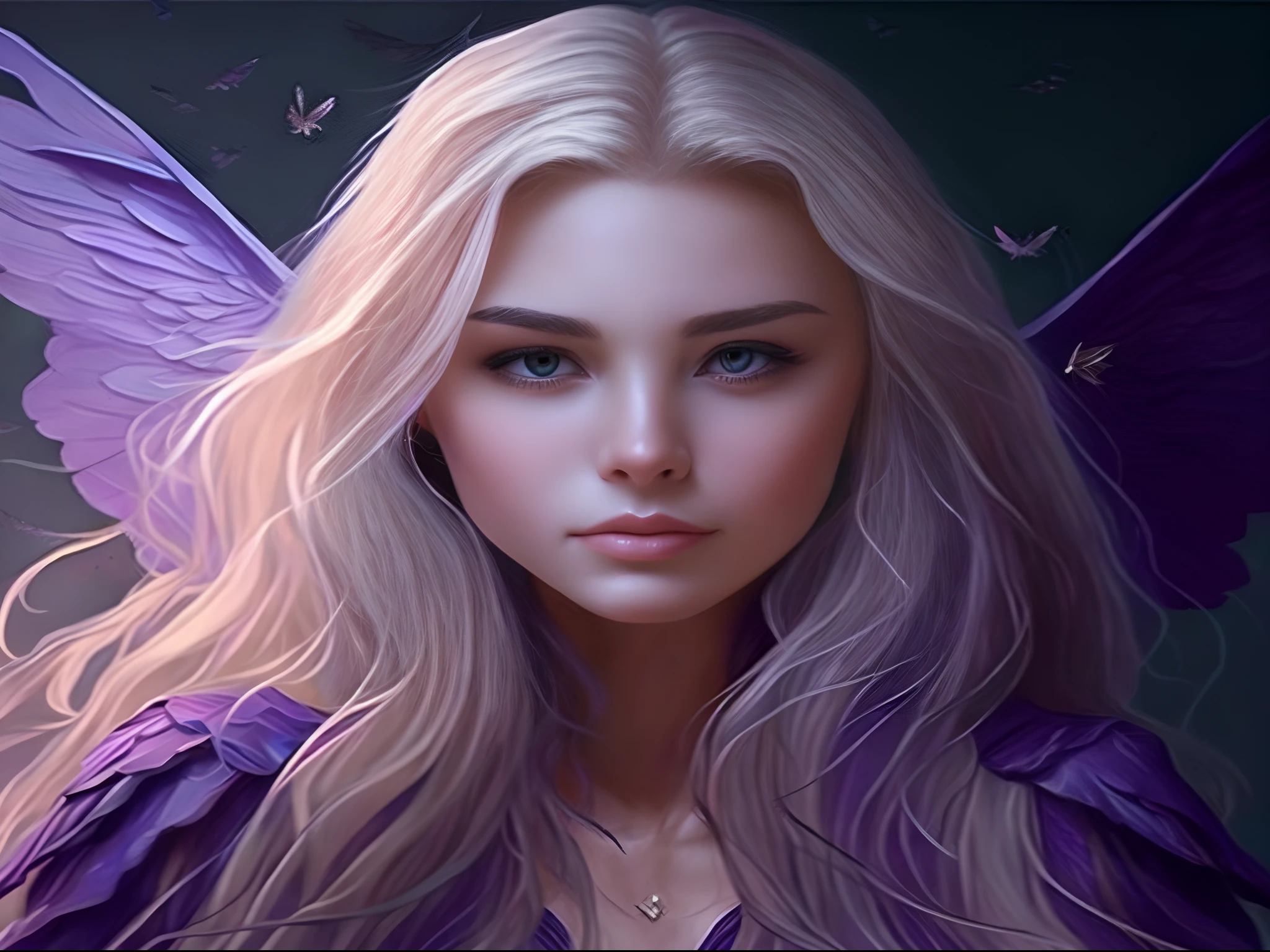 um close up de uma mulher com longos cabelos loiros e asas roxas, estilo de arte de fantasia, arte de fantasia realista, Epic fantasy art style, arte de fantasia hiperrealista, pintura de fantasia realista, realistic fantasy illustration, arte de fantasia digital 2d detalhada, arte estilo fantasia, arte de fantasia detalhada, arte de fantasia digital 2d, retrato de fantasia fosco detalhado, arte do retrato da fantasia, retrato bonito da arte da fantasia