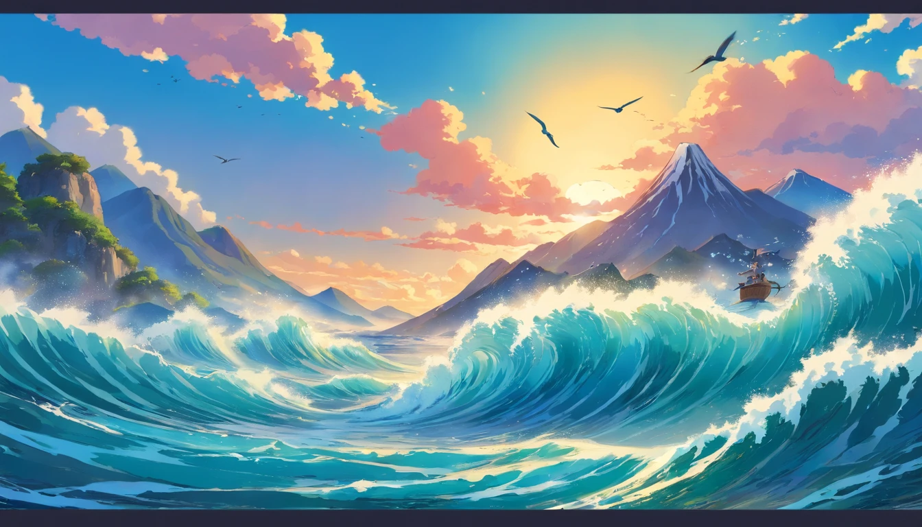 there are many birds flying over a wave in the ocean, inspired by Katsushika Hokusai, inspired by Katsuchika Hokusai, inspired by Ohara Koson, inspired by Koson Ohara, japanese inspired poster, inspired by Hokusai, japanese woodblock print style, katsushika hokusai style, hokusai style
