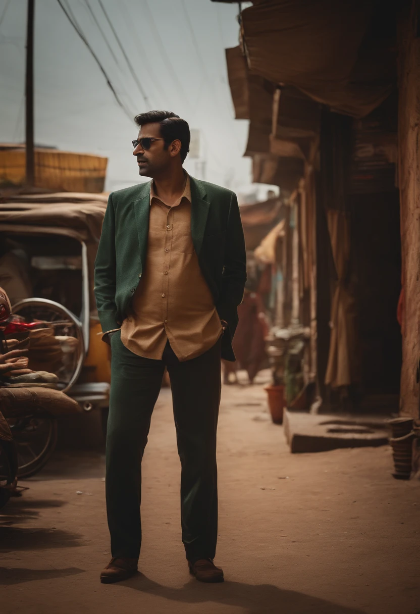 a serious man standing, indian street background, medium shot, cinematic