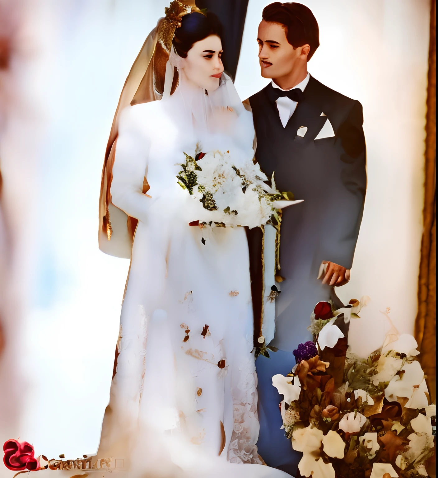 Fotografia de casamento, mulher com vertido de noiva, homem com terno preto, with flowers around in the decoration, fotografia profissional, detalhada, realista, 8k, cinematografic, Canon 50mm 1.4, fotografia raw, cores flat