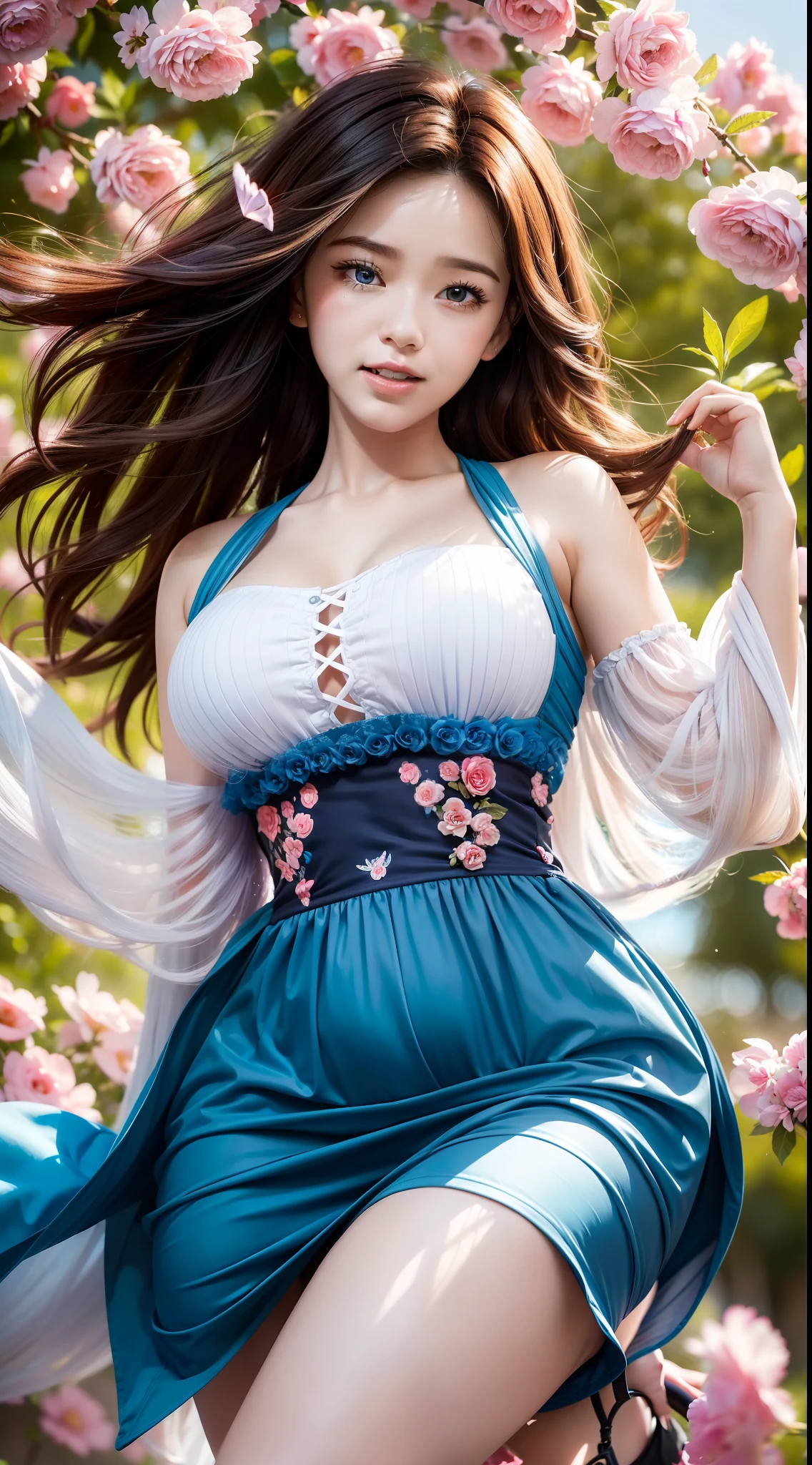 (Best quality,high resolution,Ultra-detailed:1.2), Beautiful blue to red gradient wavy curls fluttering in the breeze, Close-up of a woman jumping high, Vibrant flowers fill the background in a park-like setting, Cinematic style shooting.