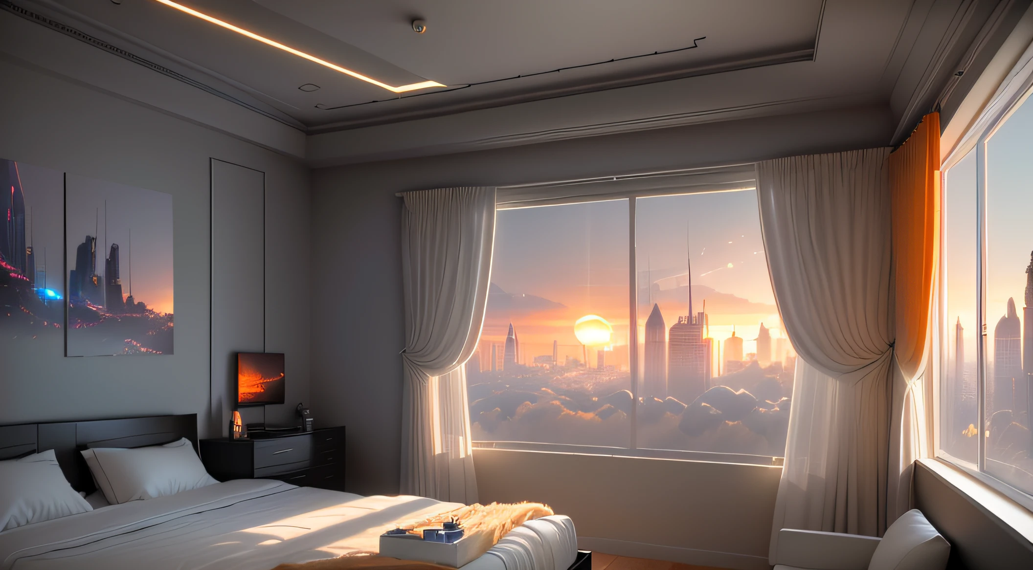 Gorgeous sci-fi matte painting elara's bedroom, Sparta and Greg Rutkowski. sharp edges, Camera Straight, beige scheme, Small kitchen, A small room, gaming computer, light gray and white Sci-fi bedroom, Outside the windows of the cyberpunk cityscape, huge panoramic window of the Cyberpunk room, Sundown, fog effect outside the window, gloomily. Ultra-sharp detail, 3d, rendering, 4K, huge gaming setup, wide screen monitor, soft white led strips on ceiling, ambient orange lightning, cozy atmosphere, sexy room, groovy touch