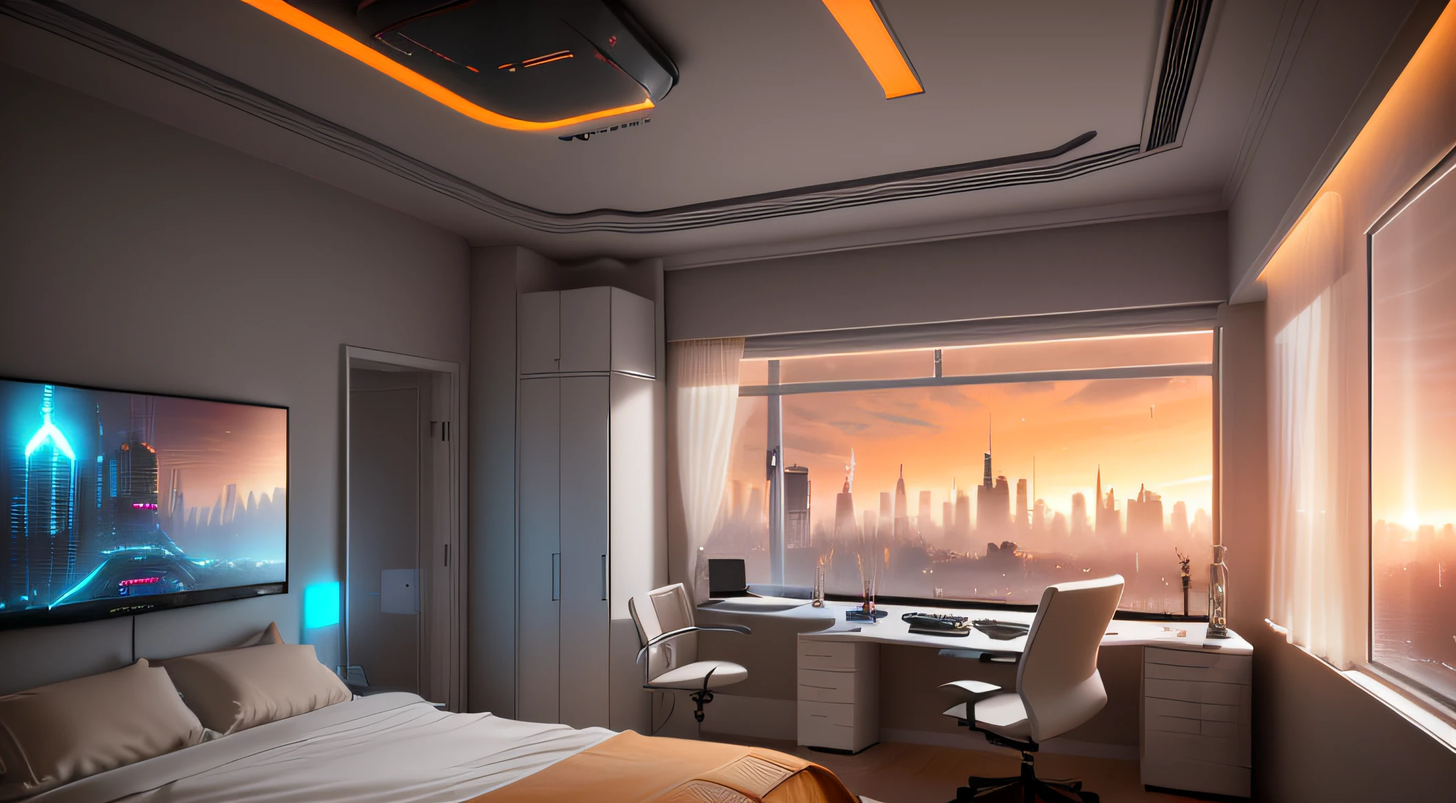 Gorgeous sci-fi matte painting elara's bedroom, Sparta and Greg Rutkowski. sharp edges, Camera Straight, beige scheme, Small kitchen, A small room, gaming computer, light gray and white Sci-fi bedroom, Outside the windows of the cyberpunk cityscape, huge panoramic window of the Cyberpunk room, Sundown, fog effect outside the window, gloomily. Ultra-sharp detail, 3d, rendering, 4K, huge white gaming desk, wide screen monitor, soft white led strips on ceiling, ambient orange lightning, cozy atmosphere, sexy room, groovy touch