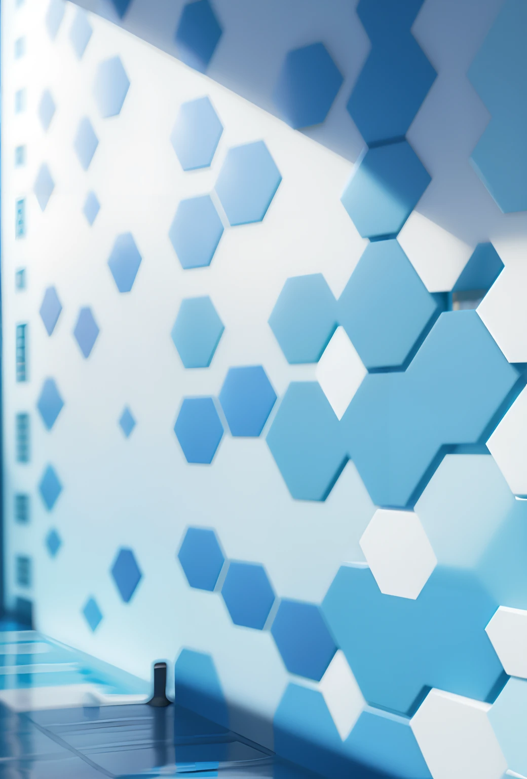 There is a wall with blue and white geometric shapes on it, Parede hexagonoal, Hexagons, Hexagonoal pattern, estrutura do favo de mel, forma hexagonal, hexagonal, Hexagon, Design abstrato. paralaxe. azul, Hexagons in the sky, fundo do favo de mel, malha hexadecimal, geometric 3d render, favo de mel mecanicamente melhorado