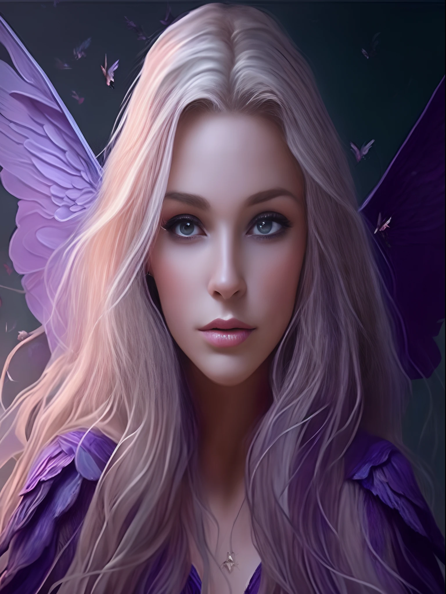 um close up de uma mulher com longos cabelos loiros com mechas roxas, estilo de arte de fantasia, arte de fantasia realista, Epic fantasy art style, arte de fantasia hiperrealista, pintura de fantasia realista, realistic fantasy illustration, arte de fantasia digital 2d detalhada, arte estilo fantasia, arte de fantasia detalhada, arte de fantasia digital 2d, retrato de fantasia fosco detalhado, arte do retrato da fantasia, retrato bonito da arte da fantasia