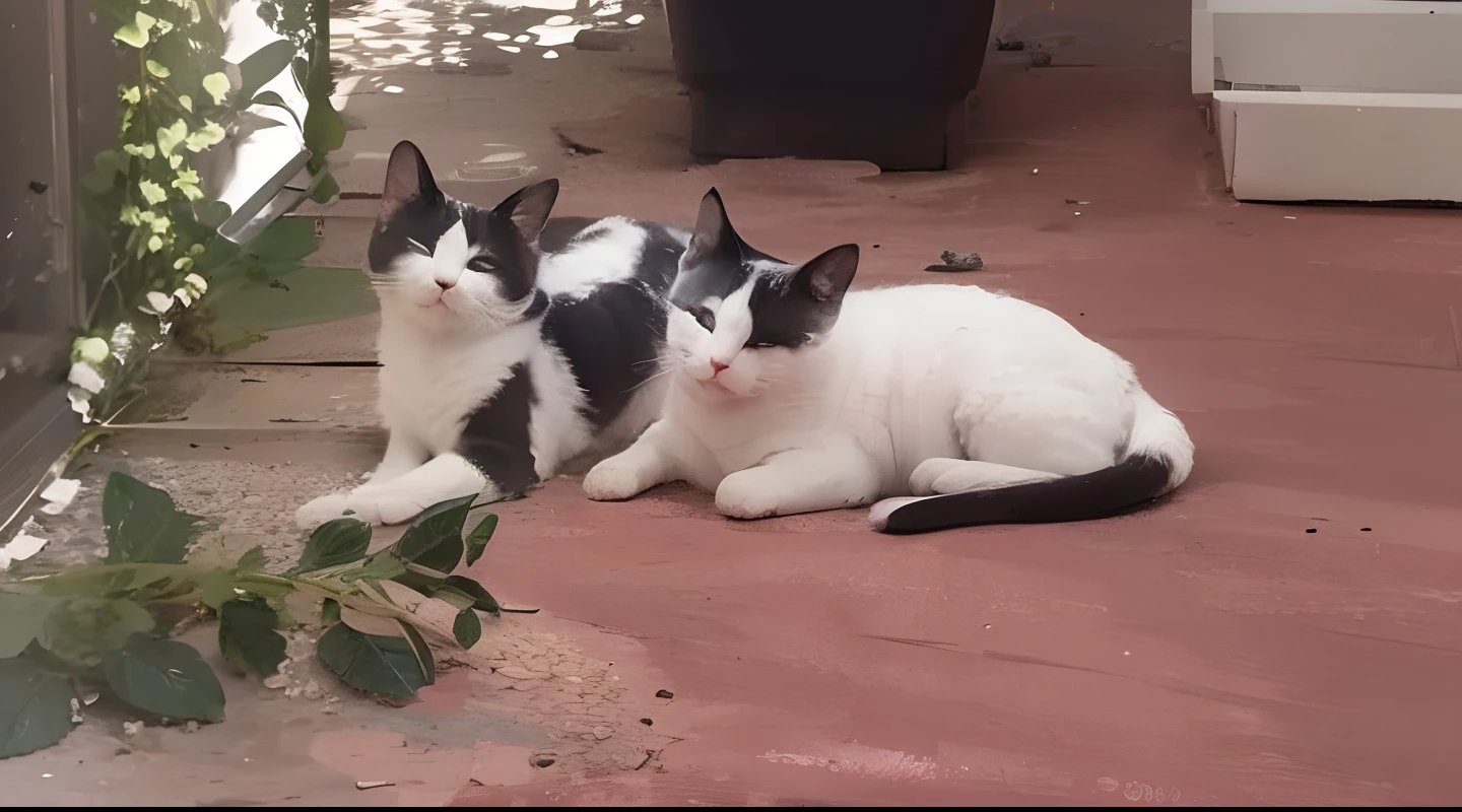 There are two cats that are sitting on the ground together - SeaArt AI