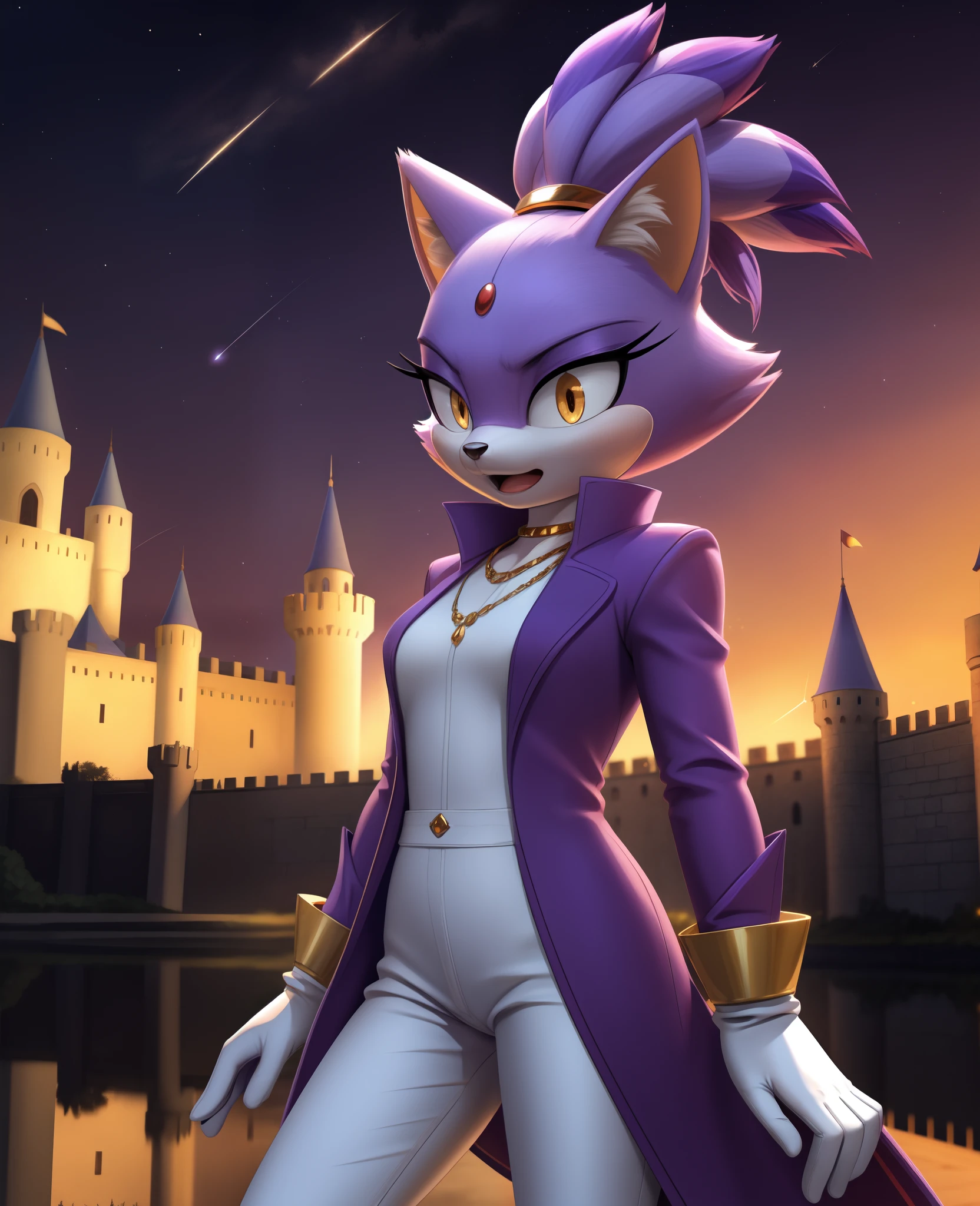 masterpiece, best quality, highres, Blaze The Cat,  1girl, gold necklace, white jumpsuit, animal_ears, closed_mouth, red forehead_jewel, fur-trimmed_gloves, fur_trim, furry, furry_female, gloves, long_sleeves, purple_coat, purple_hair, solo, standing, tied_hair, topknot, white_gloves, white_pants, yellow_eyes, tail, photo background,  night sky, castle, solo, shooting star, star \(sky\), perfect hands, perfect anatomy