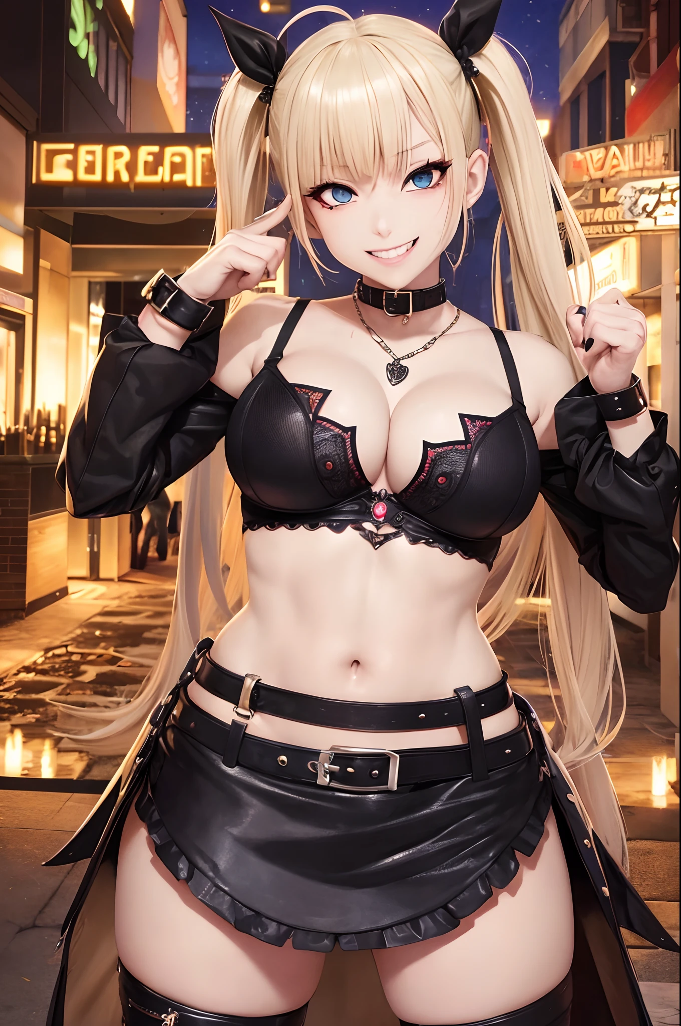 Maka, busty blonde woman with twintails, wearing a skimpy punk outfit, has an evil smile and a crazy face. She has tattoos all over her body, and her provocative attire matches her naughty and slutty personality. The night city serves as the backdrop, with its dazzling lights and vibrant atmosphere. Maka flaunts her belly piercing and wears a seductive collar, adding to her alluring appeal. The artwork should showcase the best quality, with ultra-detailed and realistic features. The colors should be vivid and the lighting should highlight Maka's wicked charm.